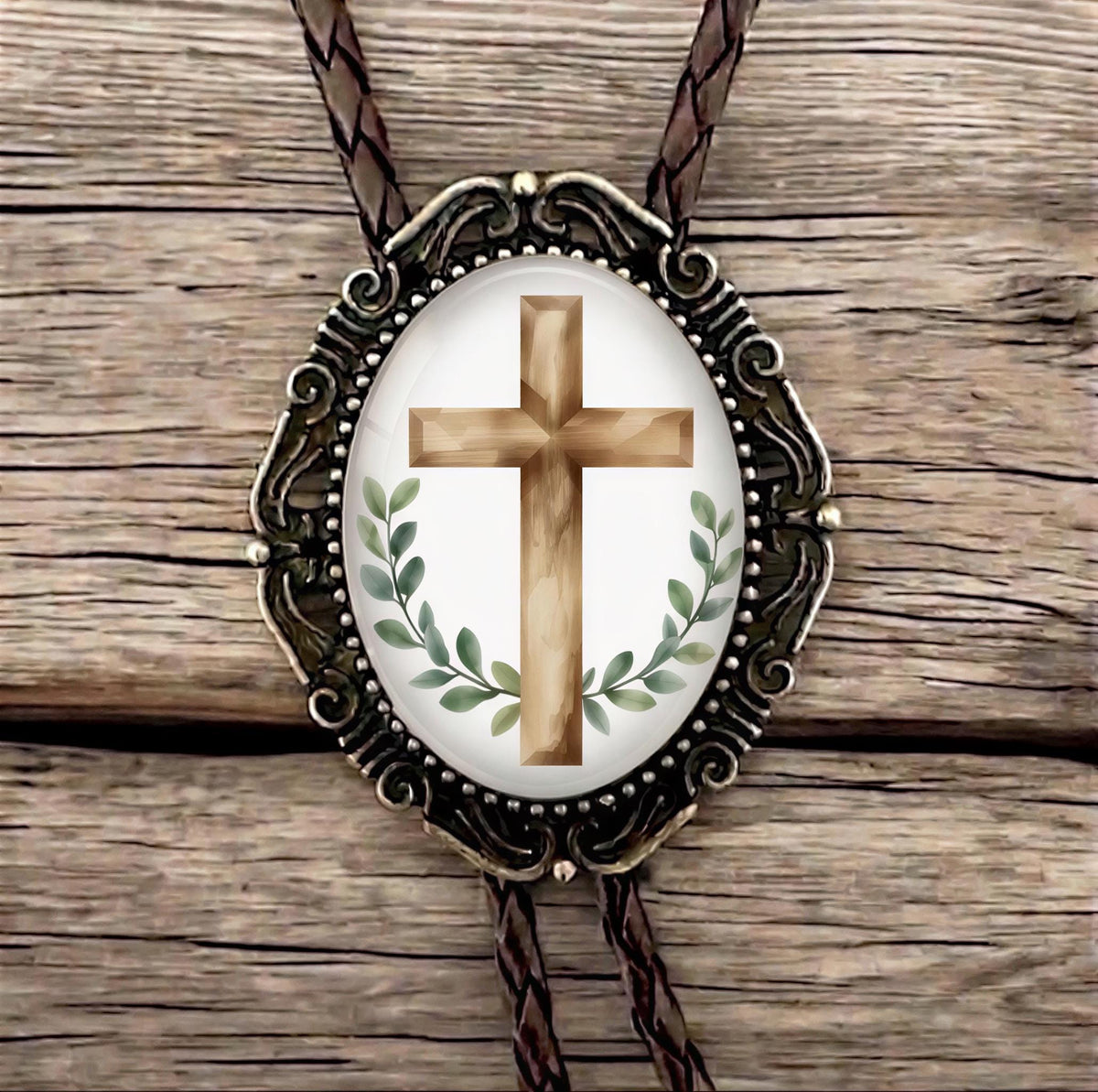 Vintage style cabochon jewelry braided faux string metal tips ornate pendant.