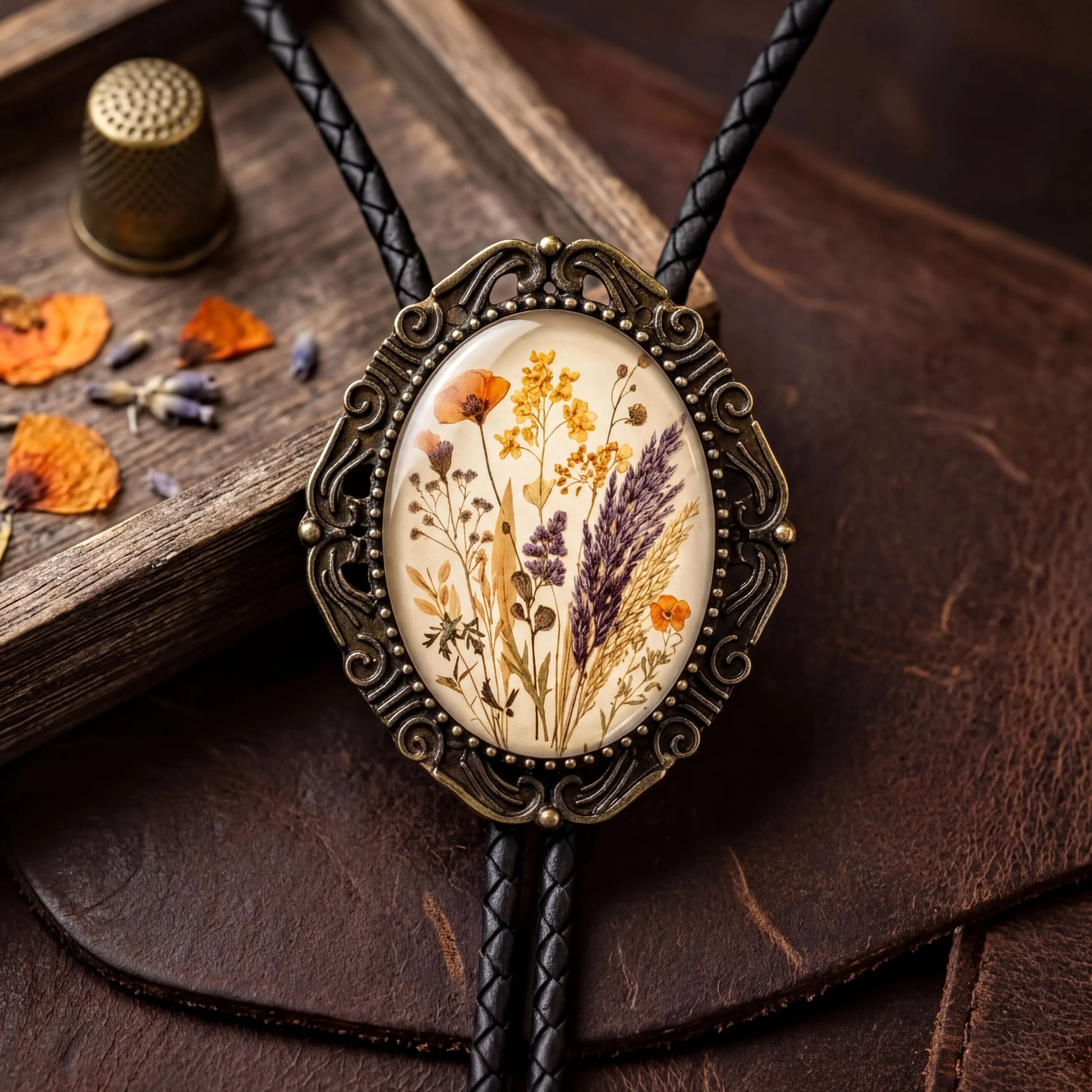 Bolo tie for men and women in burnt orange flowers with leather cord.