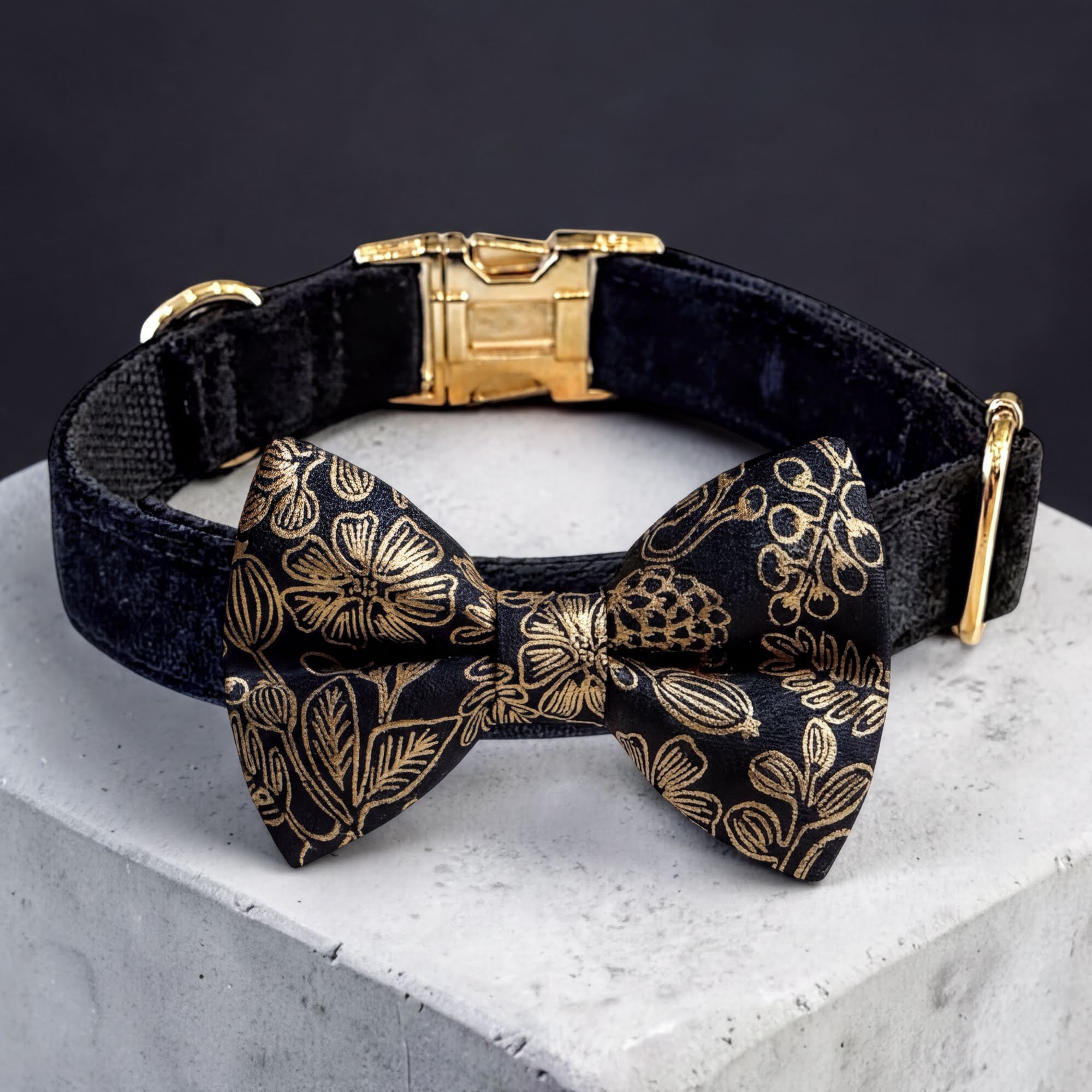 Black & Gold bow tie dog collar in velvet with a gold pet bowtie for weddings, Christmas and New Years Eve.