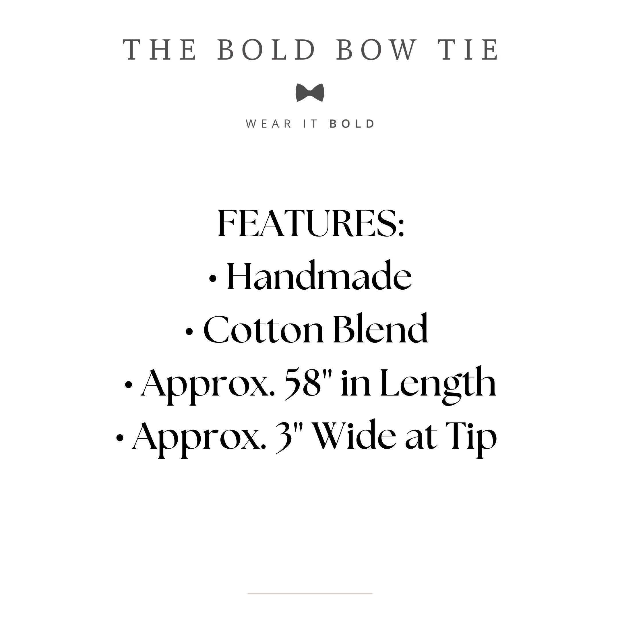 Size chart for pre-tied bow ties from The Bold Bow Tie detailing measurements across three sizes. Small is 3.5 inches wide and recommended for ages 6 months to 5 years. Medium is 4 inches wide and recommended for ages 6 to 12 years. Large is 4.5 inches wide and recommended for ages 13 years and up. Visual icons illustrate the relative sizes with horizontal arrows showing that width is measured from wingtip to wingtip. Bottom text notes that all bow ties are pre-tied and ready to add to your outfit.