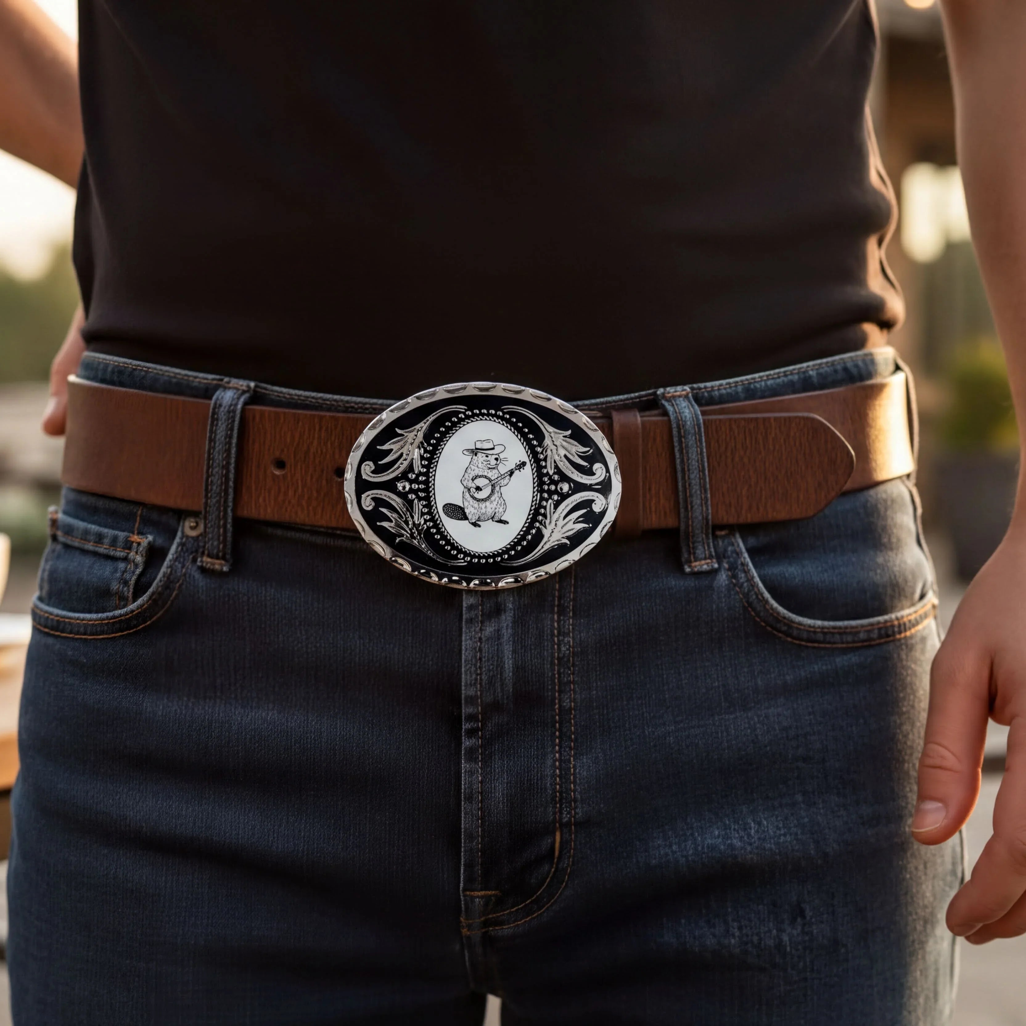 Two options for belt buckles: Option 1 has a leaf pattern and option 2 has flowers on it