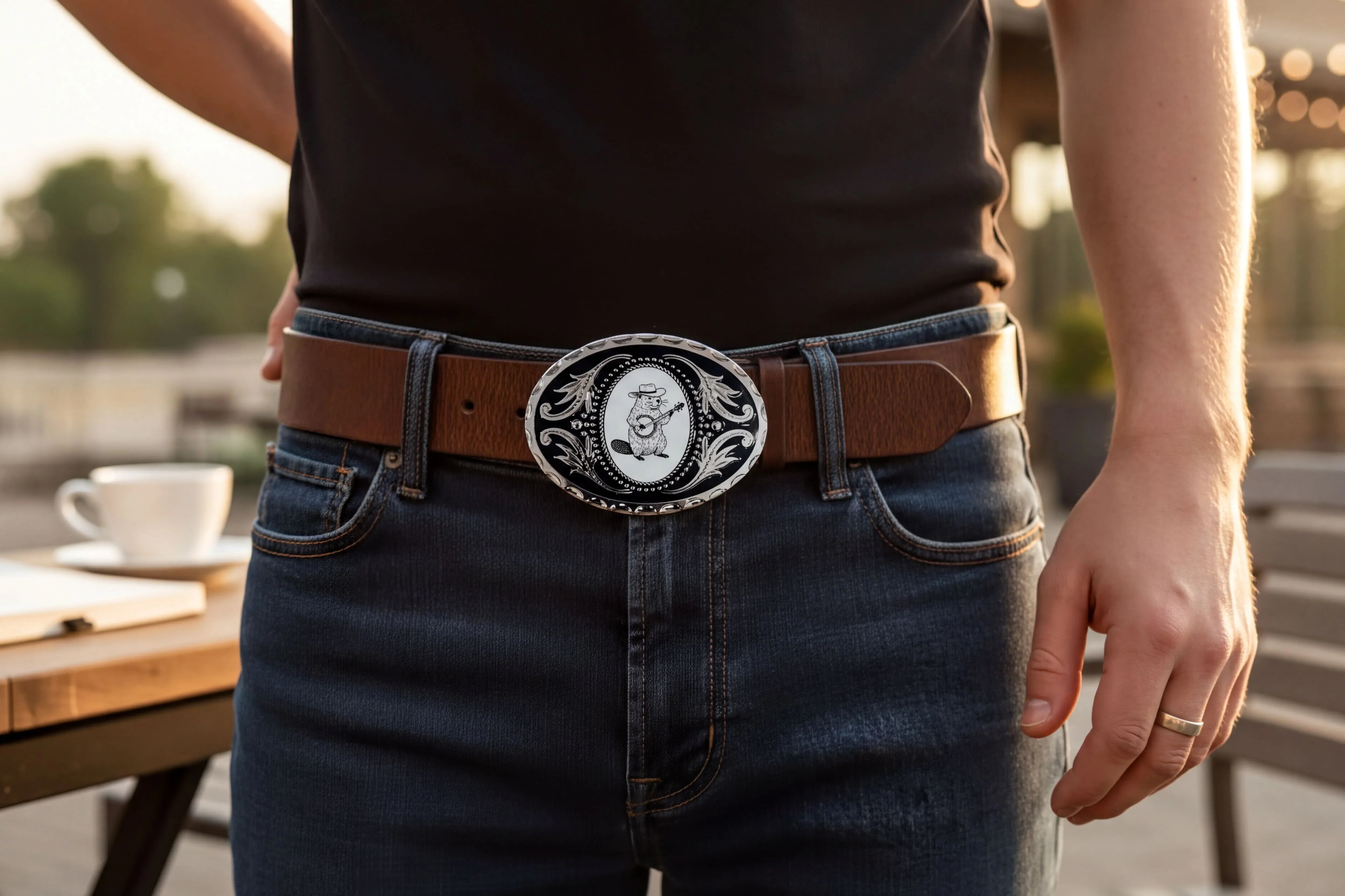 Two options for belt buckles: Option 1 has a leaf pattern and option 2 has flowers on it