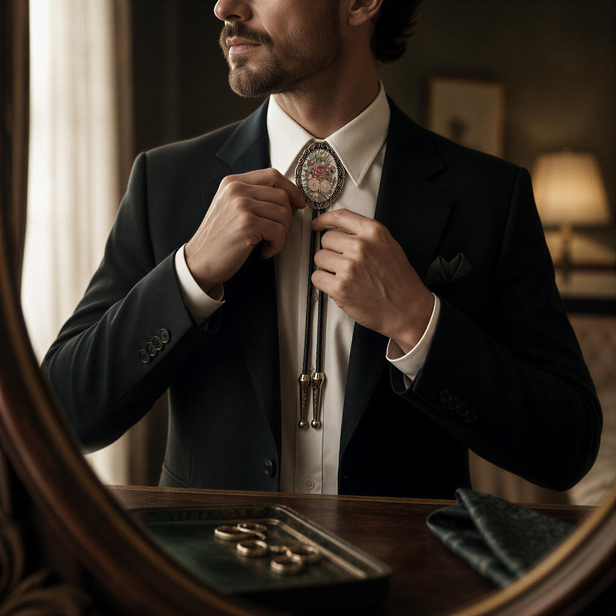 A man in a suit is adjusting his tie in front of a mirror.