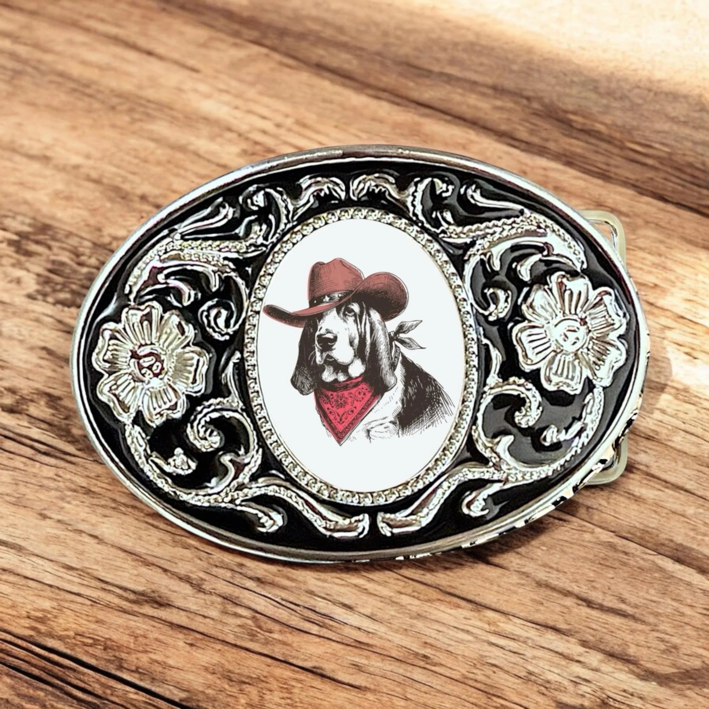 Two options for belt buckles: Option 1 has a leaf pattern and option 2 has flowers on it