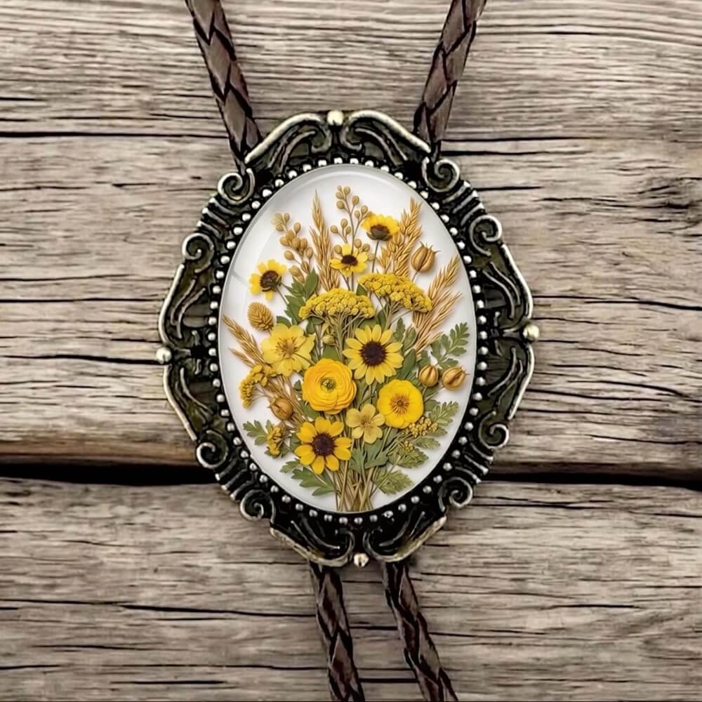 Wedding bolo tie with yellow flowers.