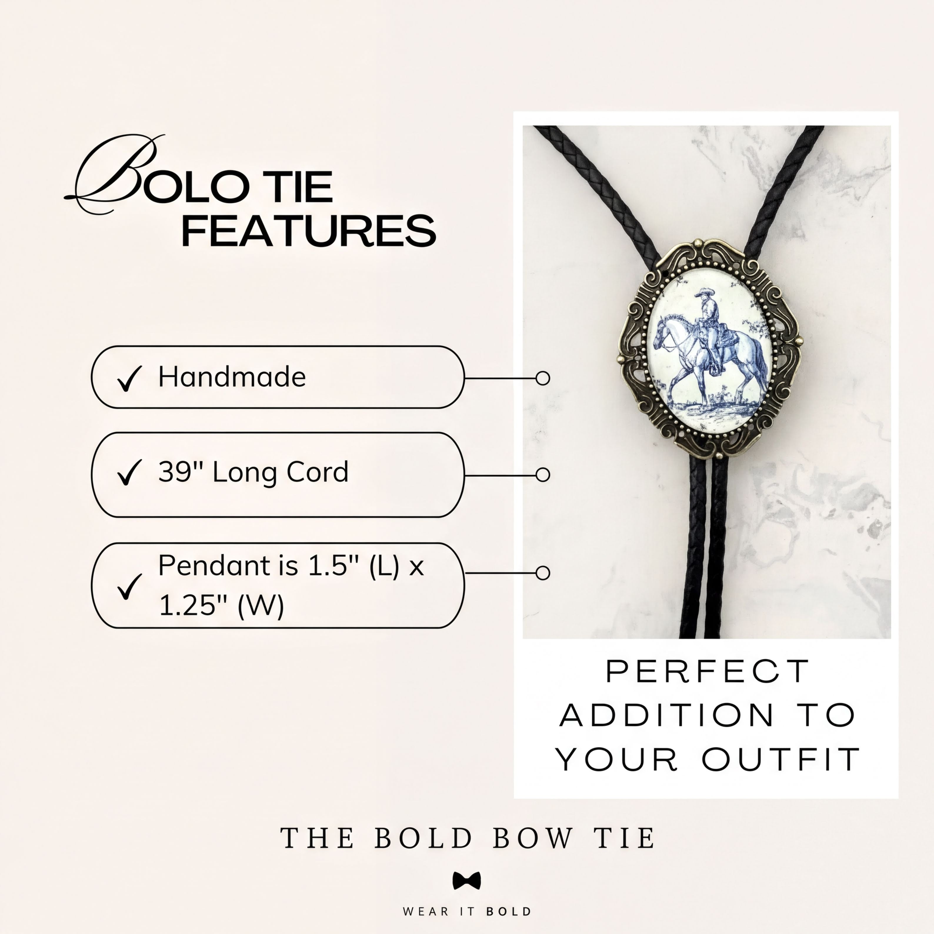 Silver back of a bolo tie with a clamp on a black leather cord