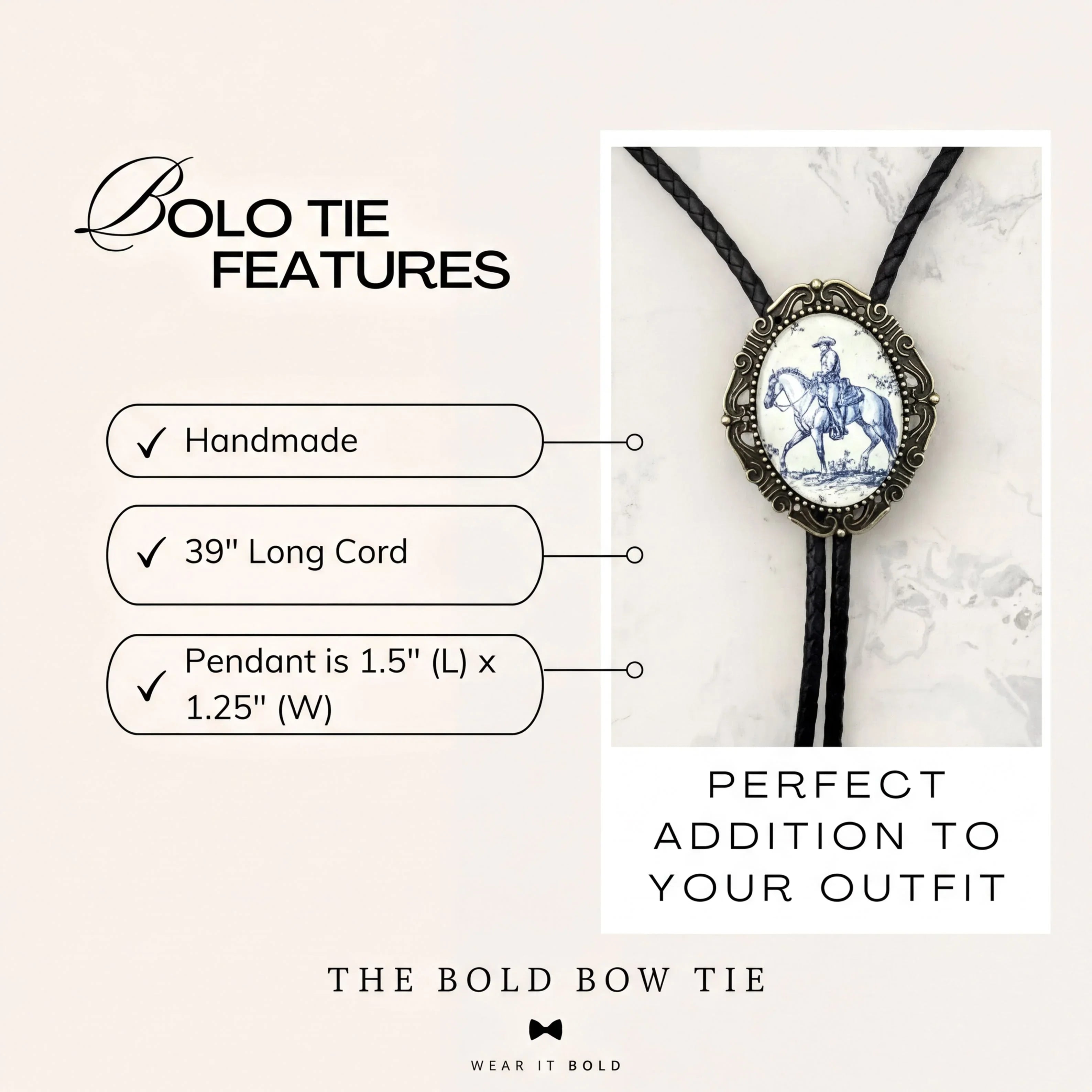 Silver back of a bolo tie with a clamp on a black leather cord