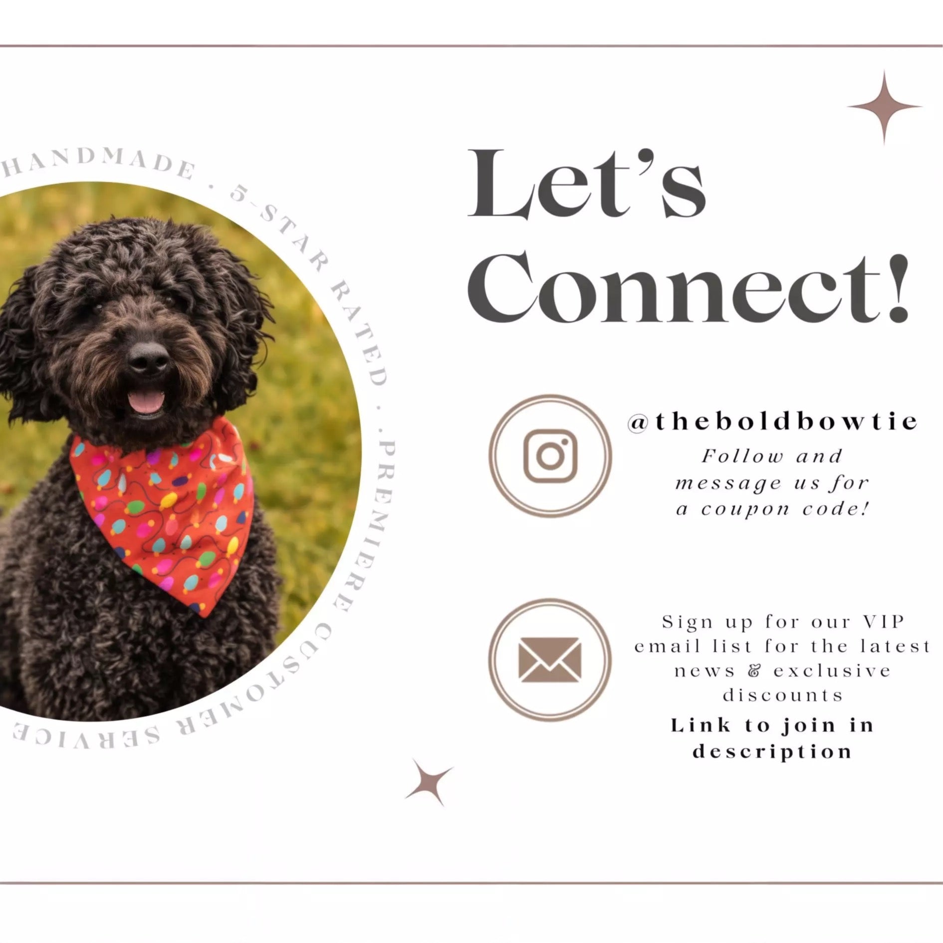 Curly coated dog wearing a red bandana with multicolored dots around its neck outdoors.