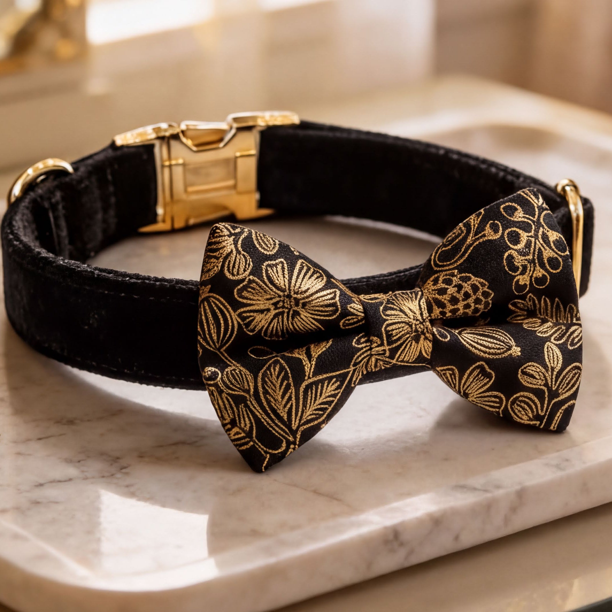 A black collar with a gold floral pattern and a matching bow tie are displayed on a marble surface.