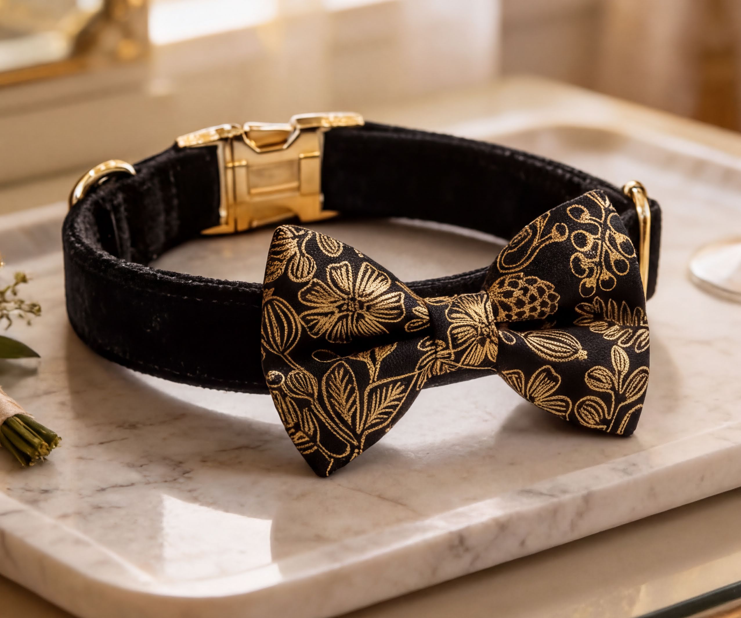 A black collar with a gold floral pattern and a matching bow tie are displayed on a marble surface.