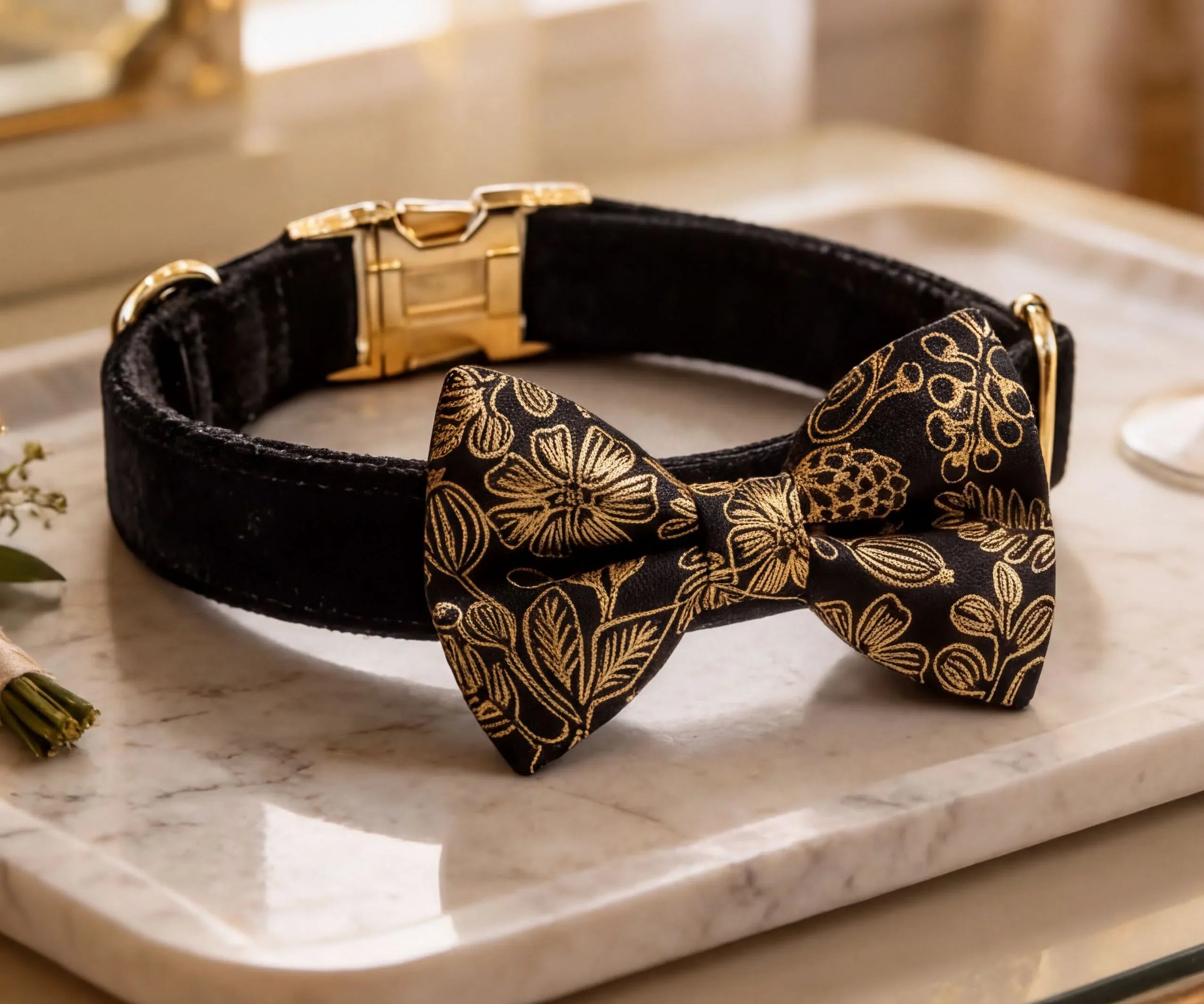 A black collar with a gold floral pattern and a matching bow tie are displayed on a marble surface.