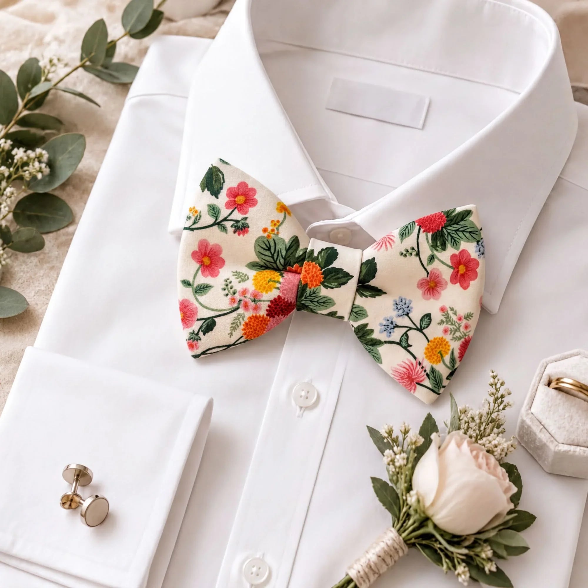 Floral Bowtie for Men, Toddlers and Boys, Garden Wedding Bowtie On a white dress shirt and groomsmen accessories.