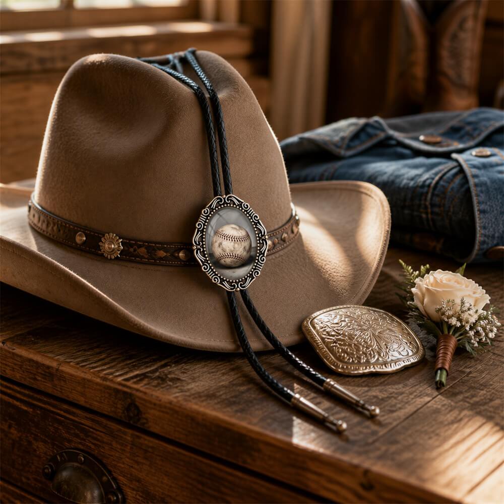 A tan cowboy hat with a decorative metal band and a small metal box with a floral design, along with a bouquet of white flowers, are displayed on a wooden surface.