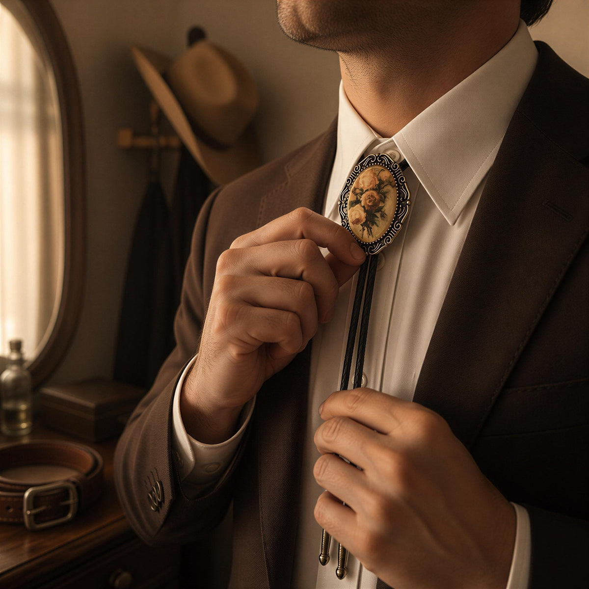 A man in a suit is adjusting his tie with a decorative pendant.
