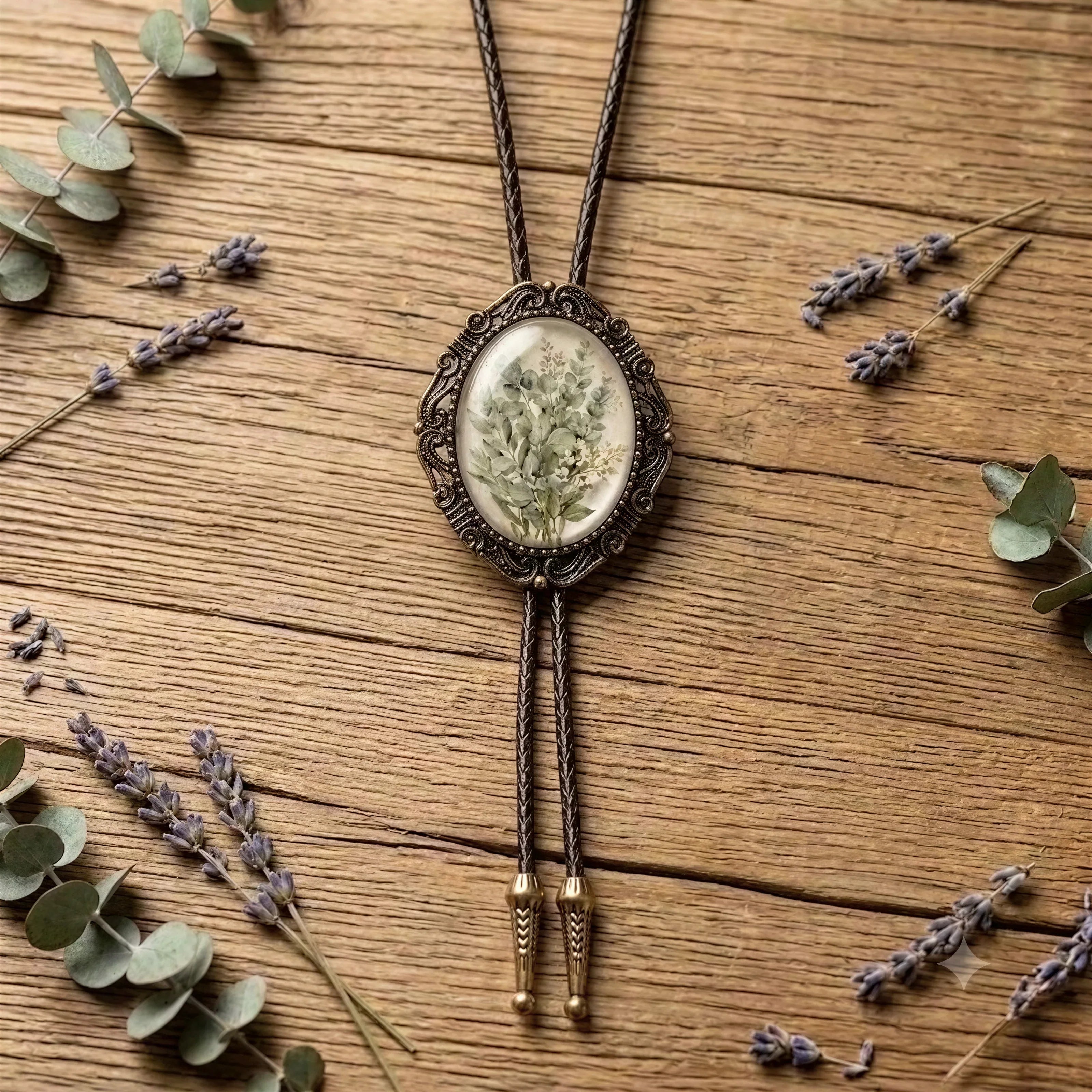 Wedding bolo tie with sage green flowers for groomsmen gift for him.