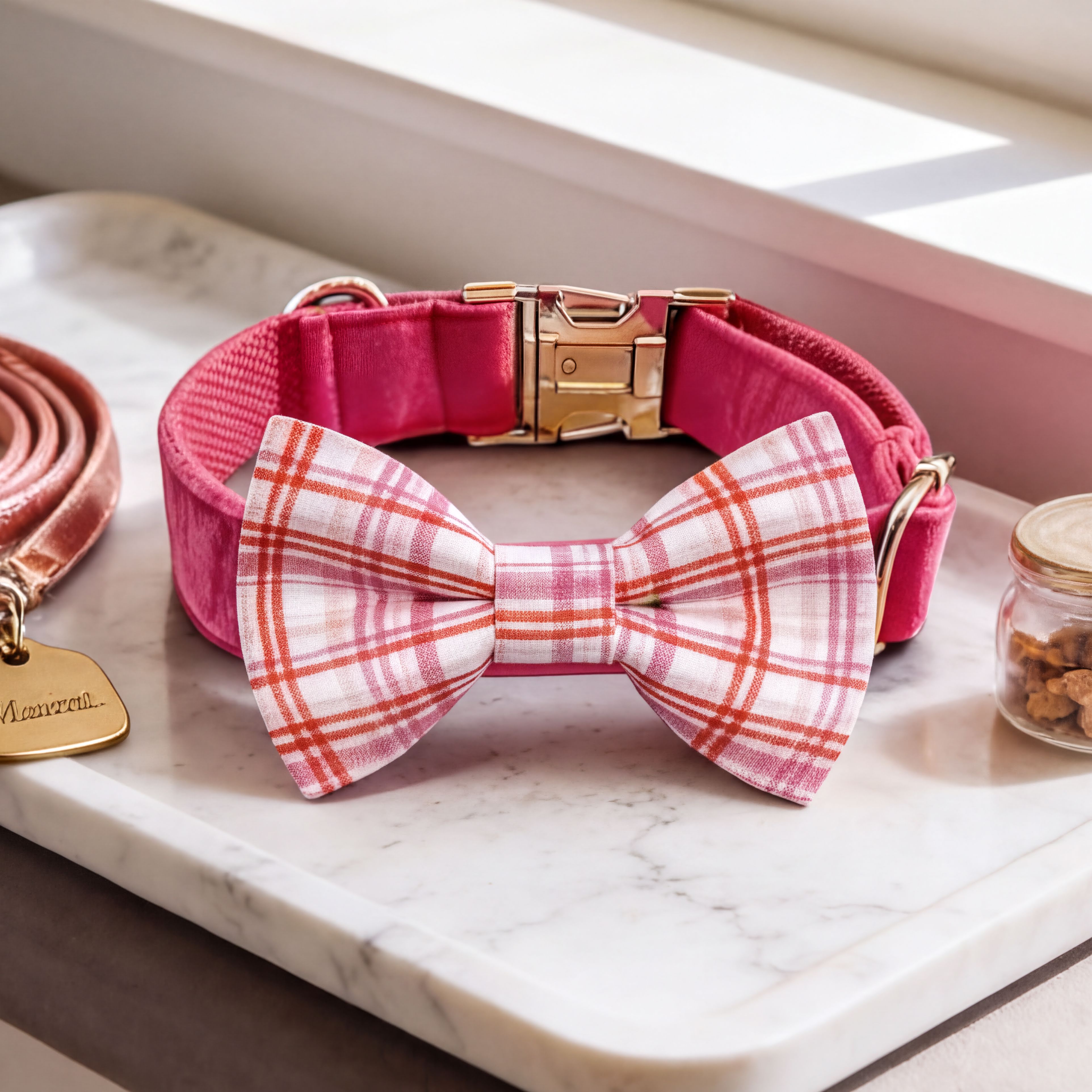 A pink plaid dog collar, a pink leash, and a small jar of dog treats are arranged on a white marble countertop near a window.