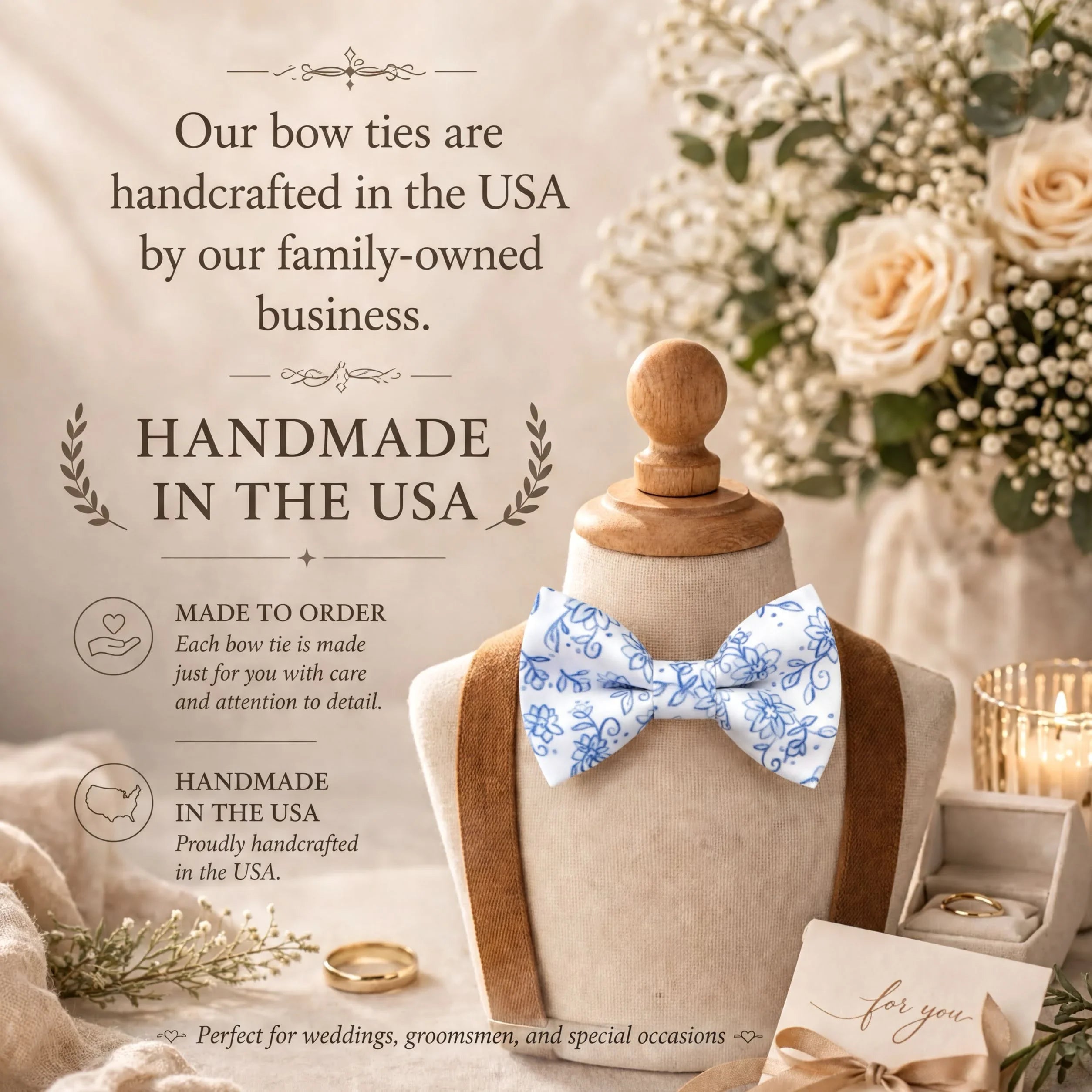 The image is an advertisement for handmade bow ties, featuring a mannequin wearing a blue and white floral bow tie, surrounded by wedding decorations and flowers.