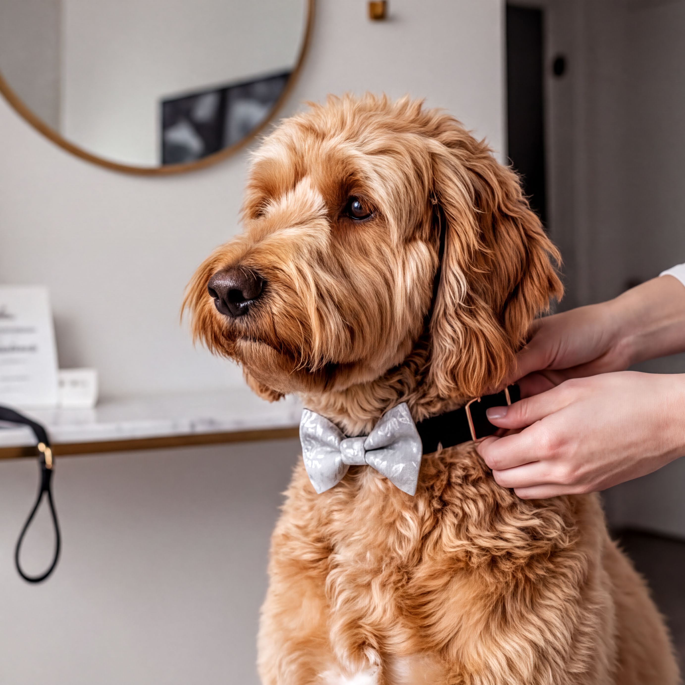 A golden retriever dog wearing a silver pet bow tie is being dressed up by a person in a room with a coat rack, a mirror, and a white table.