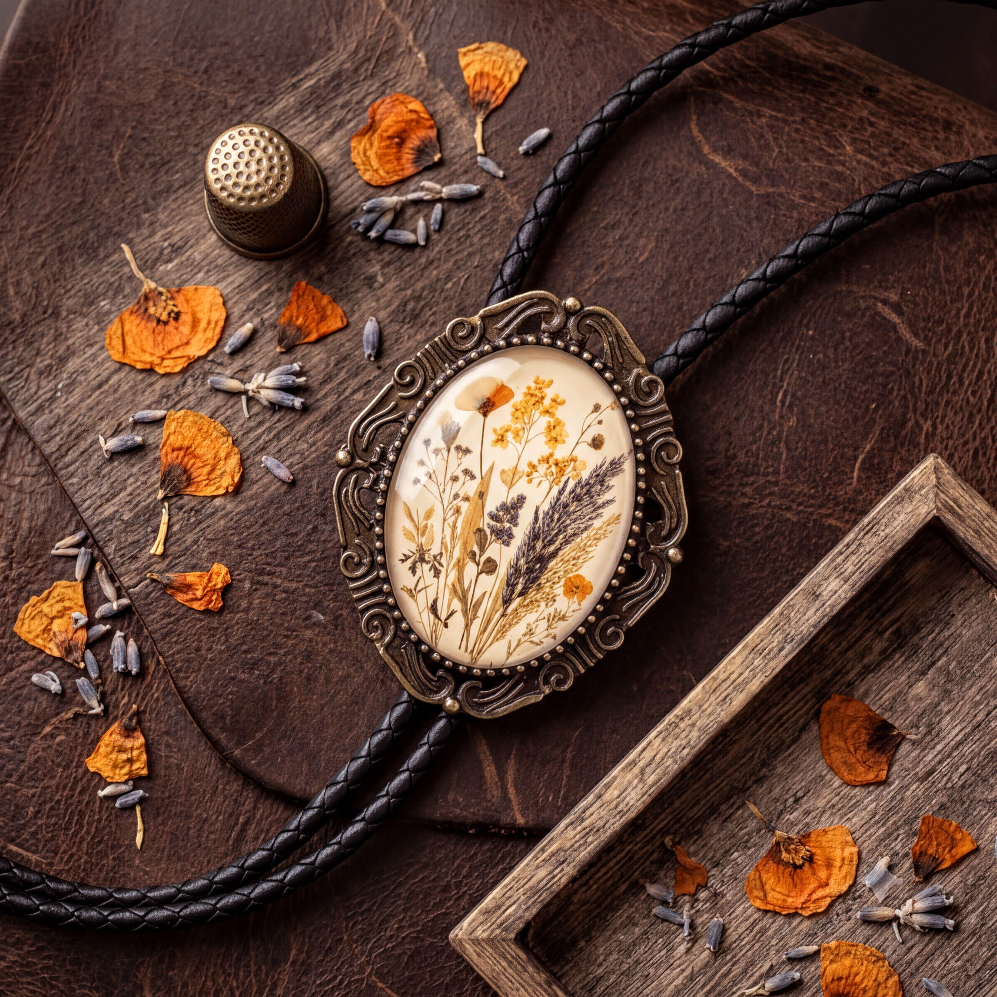 Bolo tie for wedding accessories with burnt orange flowers for men and women.
