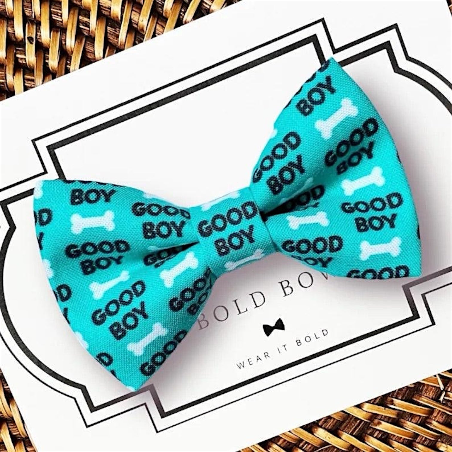 Handmade "Good Boy" dog bow tie in teal with white bone pattern for a birthday or special occasions, handmade in the USA by a family-owned company.