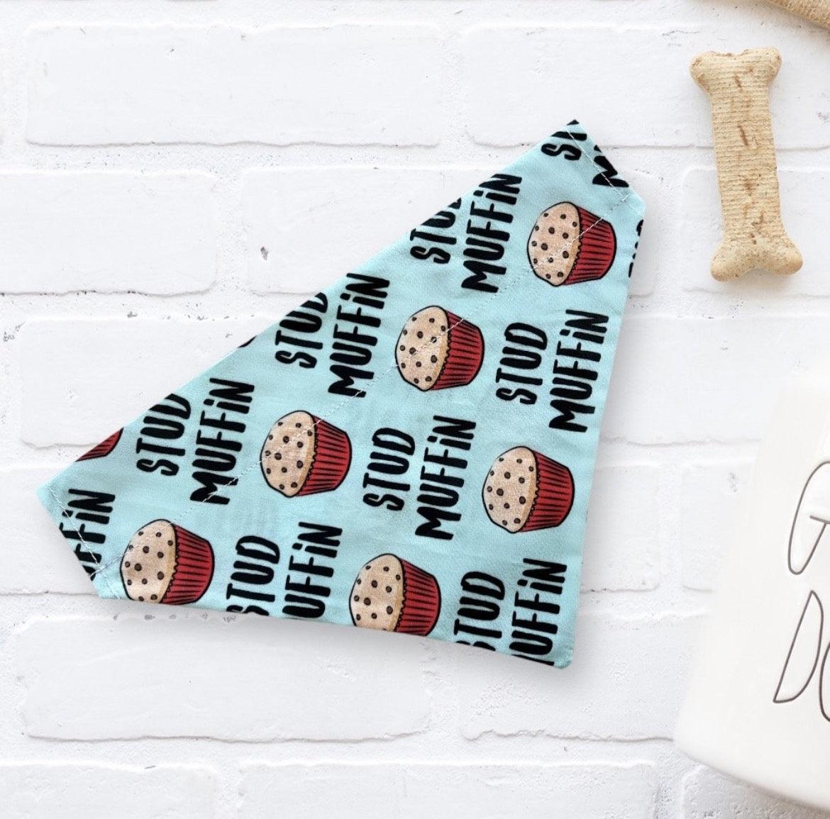 Handmade Stud Muffin dog bandana in premium cotton fabric, hand-sewn in the USA by a family-owned company.