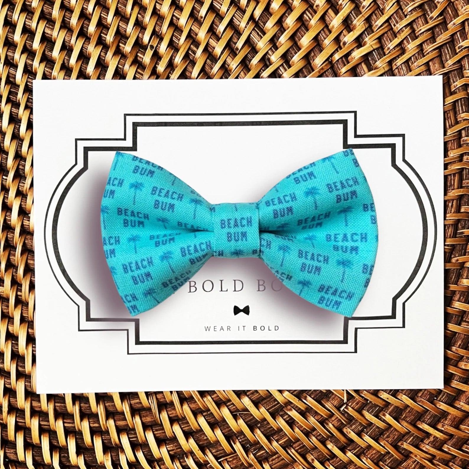 Beach Bum Dog Bow Tie- Summer Dog Bowtie on brown woven tray