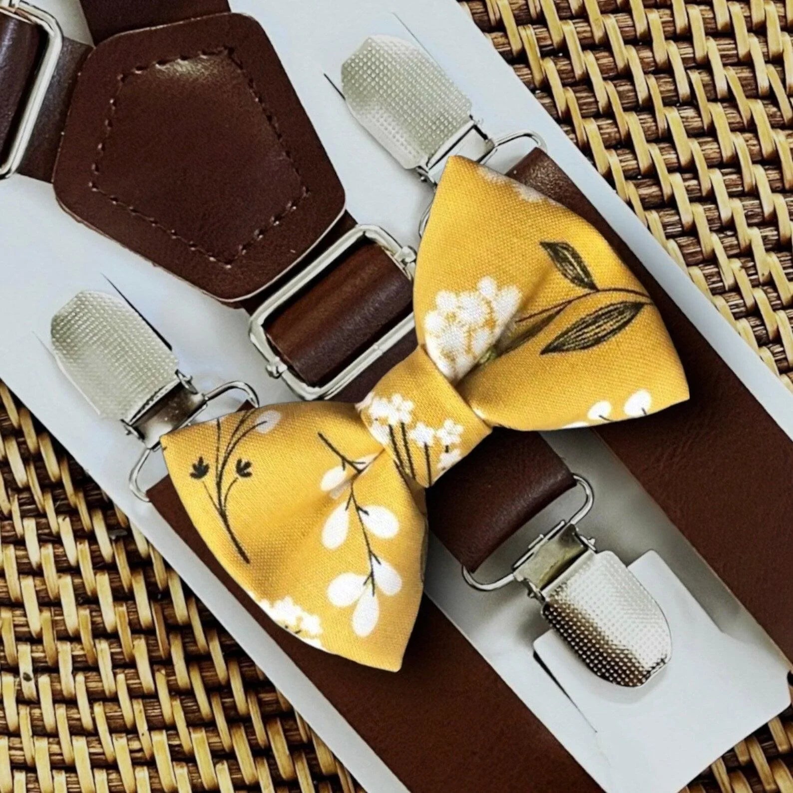 Mustard yellow bow tie and dark brown suspenders for men, toddlers and kids handmade in the USA and pre-tied, for wedding, groomsmen and ring bearer.