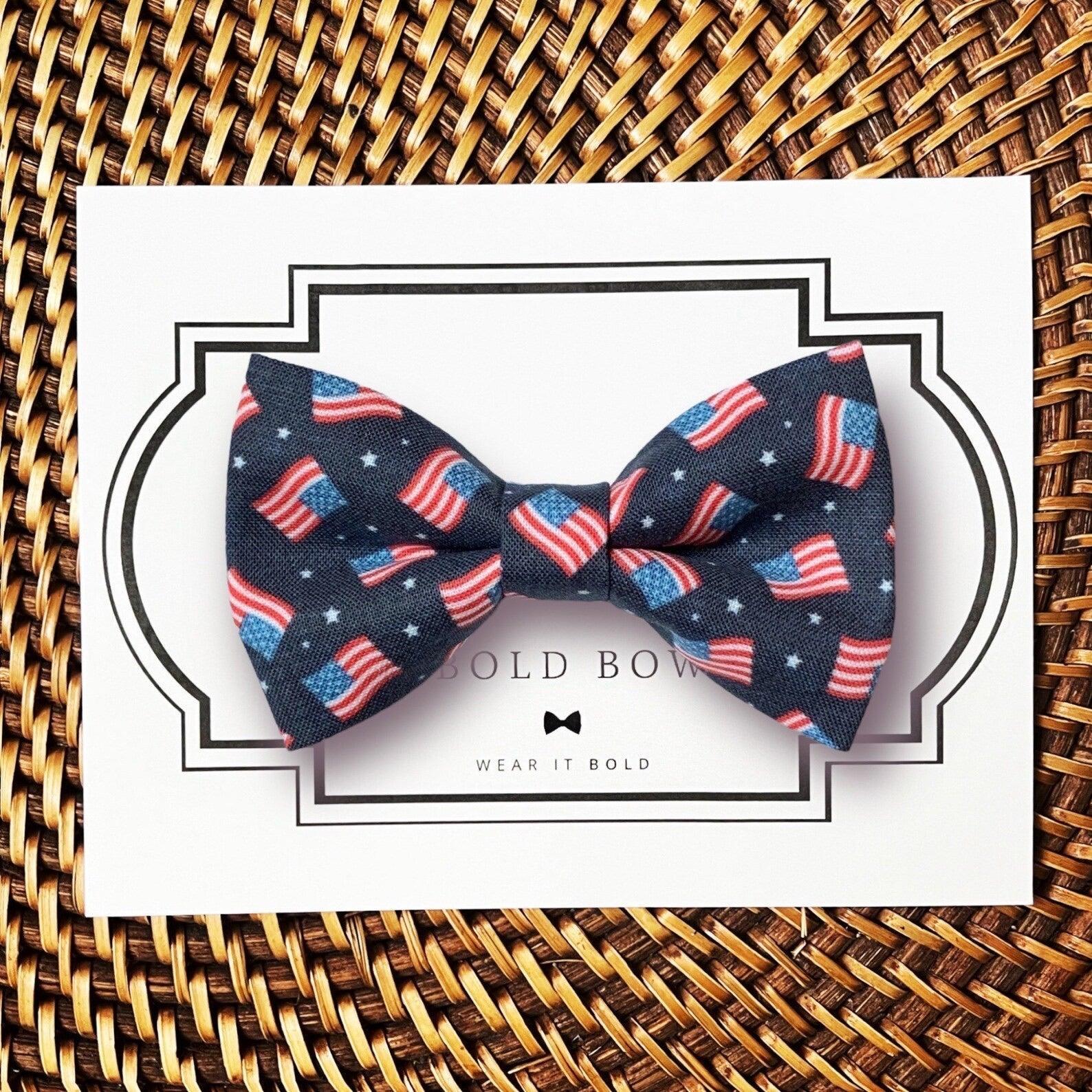 Dog bow tie size chart. Size Small is 3 1/2 inches wide for small dogs under 15 lbs. Size Medium is 4 inches wide for medium dogs between 15 band 40 lbs. Size Large is 4 1/2 inches wide for Large Dogs between 40 band 80 lbs. Size Extra Large is 5 1/2 inches wide for Extra Large Dogs over 80 lbs. Sizing is up to preference and pet bow ties slide on to dog collars with elastic.