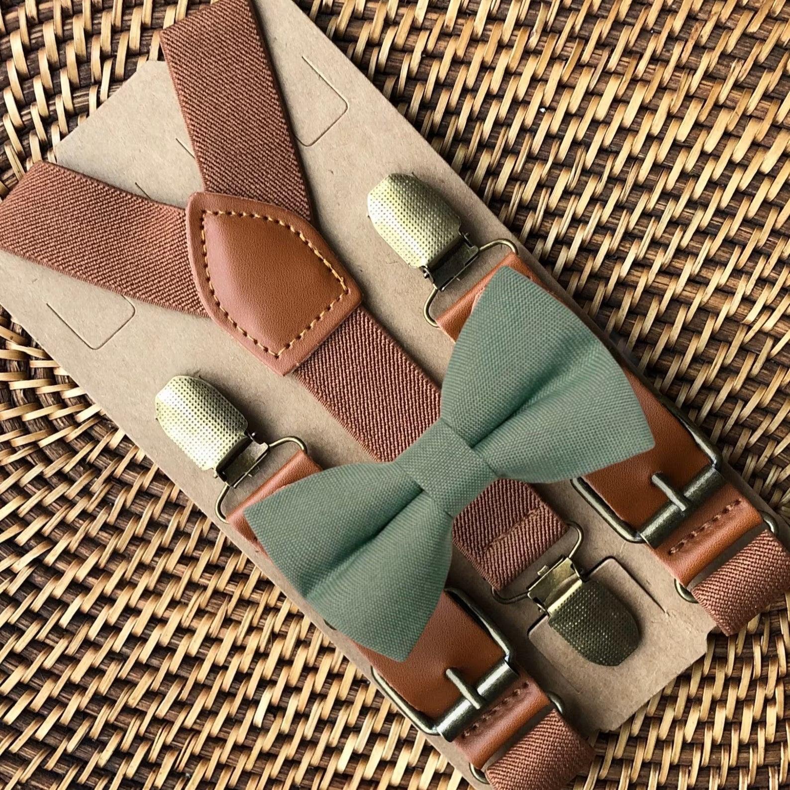 Dusty Sage bow tie and cognac brown suspenders for a wedding, groomsmen and ring bearer outfit.