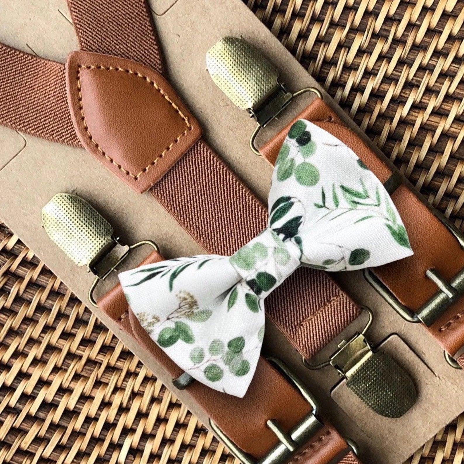 Green floral bow tie and brown suspenders for men, toddlers and kids handmade in the USA and pre-tied, for wedding, groomsmen and ring bearer.