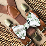 Load image into Gallery viewer, Dark Green Floral Bow Tie &amp; Cognac Vegan Leather Buckle Suspenders
