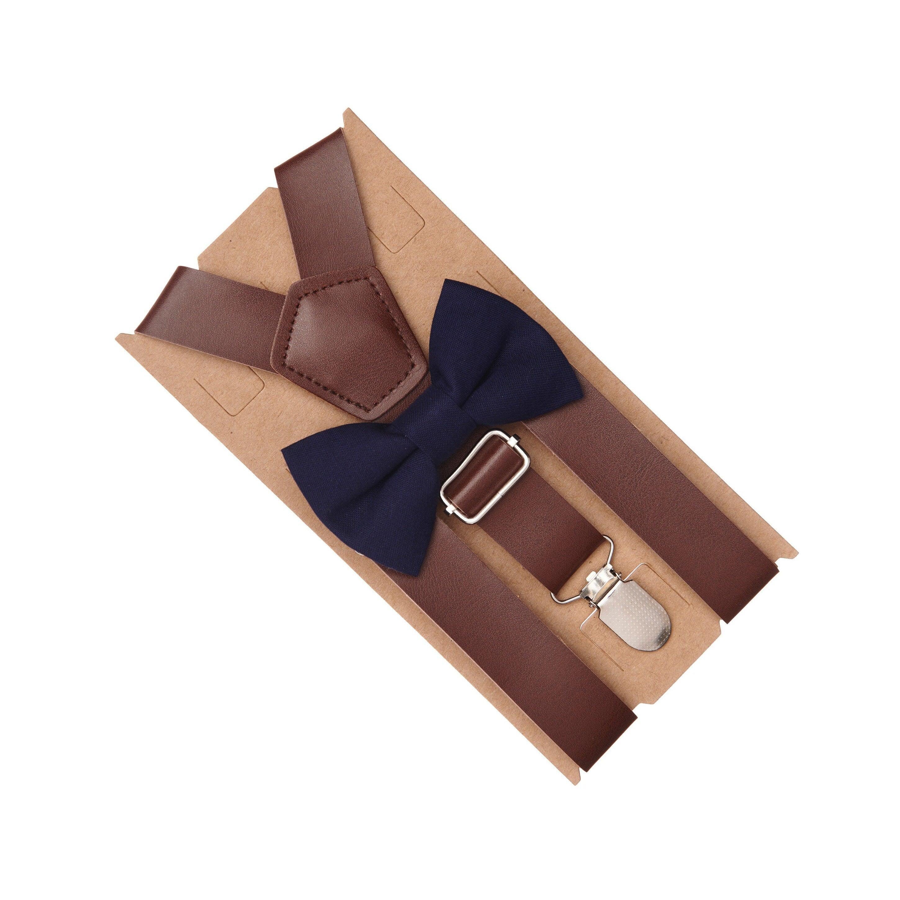Navy blue bow tie and brown suspenders for men, toddlers and kids handmade in the USA and pre-tied, for wedding, groomsmen and ring bearer.