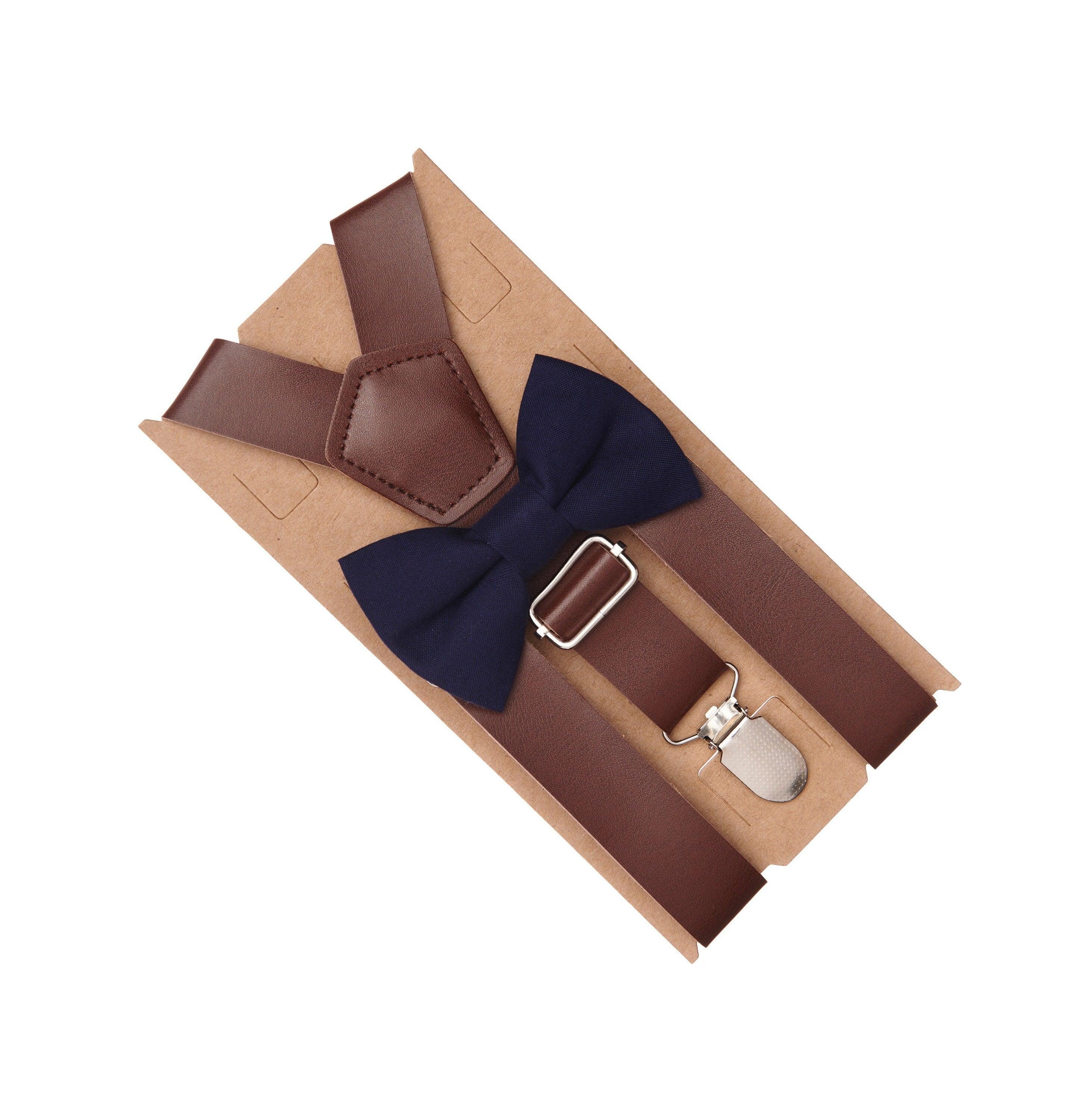 Navy blue bow tie and brown suspenders for men, toddlers and kids handmade in the USA and pre-tied, for wedding, groomsmen and ring bearer.
