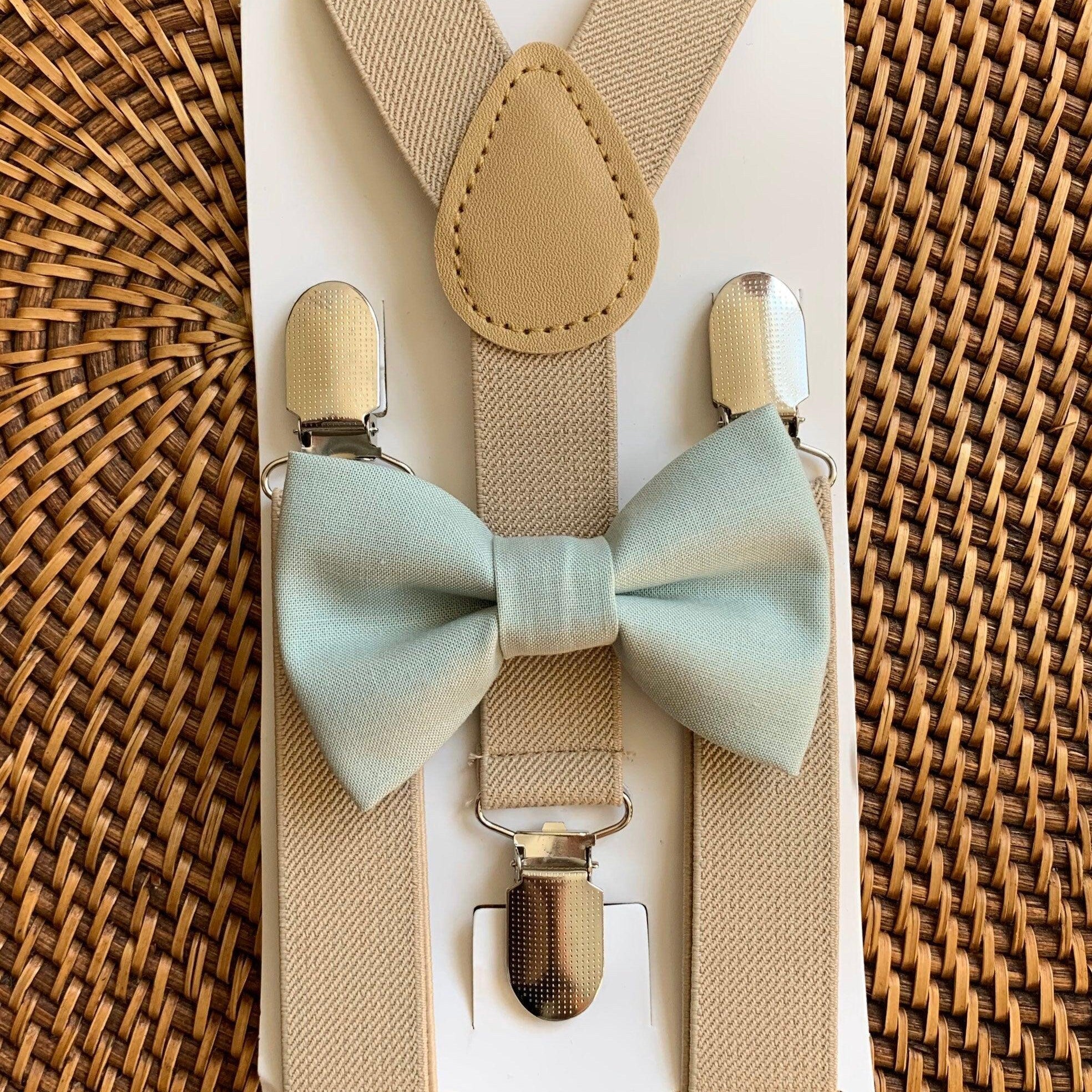 Size chart for suspender and bow tie sets from The Bold Bow Tie. Small (6mo-6yr): 18"-29" suspenders, 3.5" bow. Medium (7-12yr): 25.5"-40" suspenders, 4" bow. Adult (13yr-6ft tall): 25.5"-40" suspenders, 4.5" bow. Big & Tall (Over 6ft tall): 31"-53" suspenders, 4.5" bow. Instructions note to measure from the back waistband over the shoulder to the front waistband for a comfortable fit.