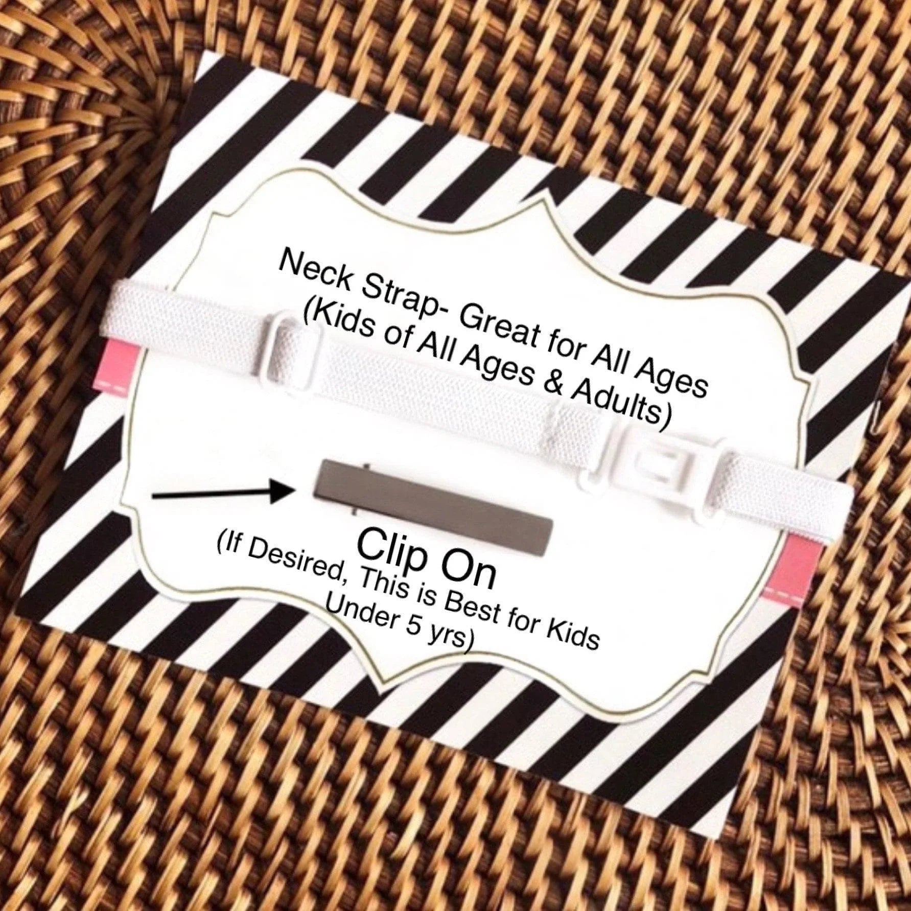 Neck strap packaging showing a white adjustable strap on a striped black white card