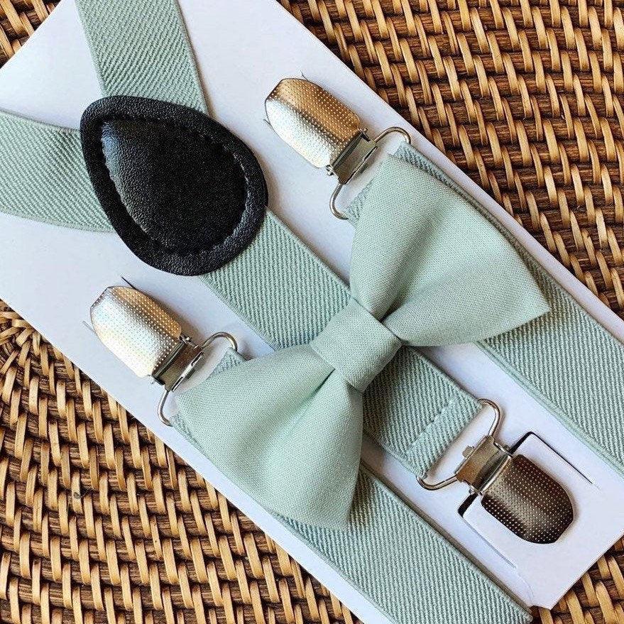 Sage green bow tie and sage suspenders for men, toddlers and kids handmade in the USA and pre-tied, for wedding, groomsmen and ring bearer.