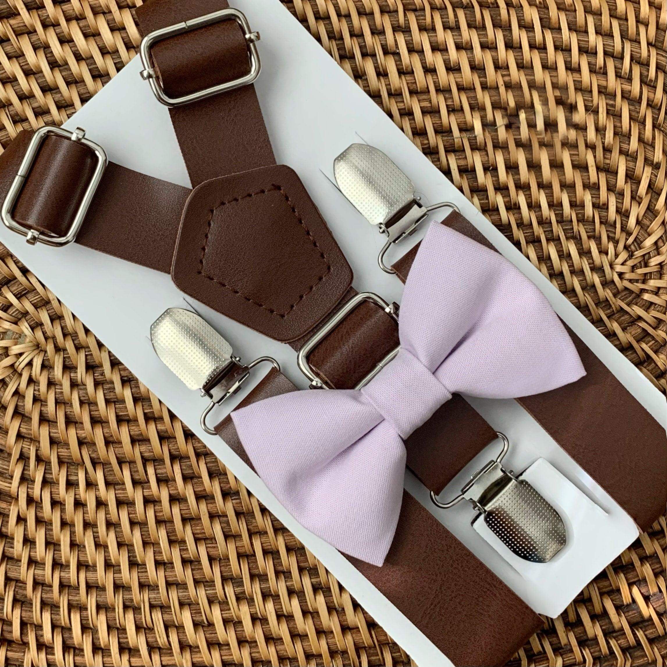 Iris Purple Lavender Bow Tie & Dark Brown Vegan Leather Suspenders Set for Groomsmen, wedding and ring bearer outfits.