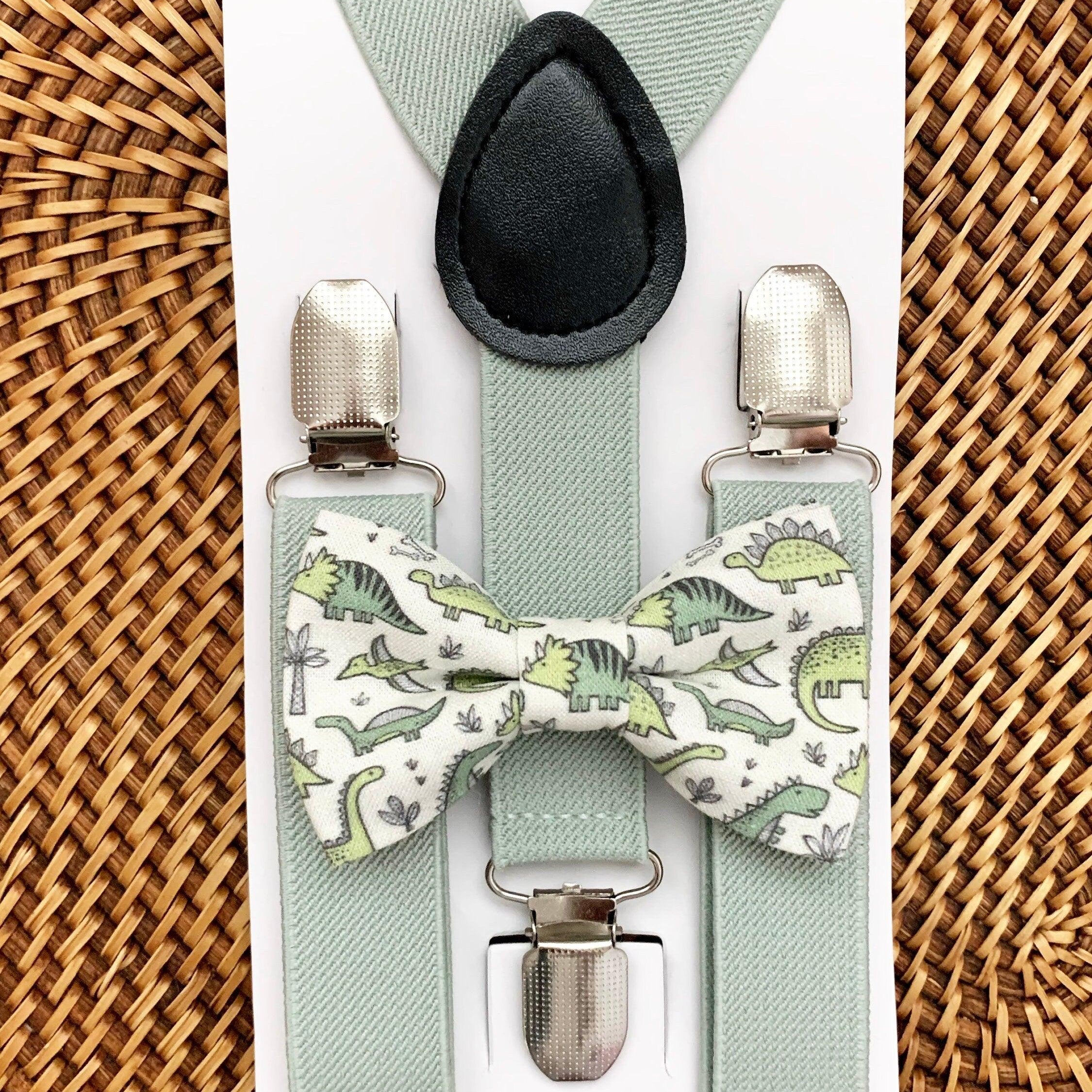 Sage green dinosaur Bow Tie & Sage Suspenders Set for wedding ring bearers or birthday parties.