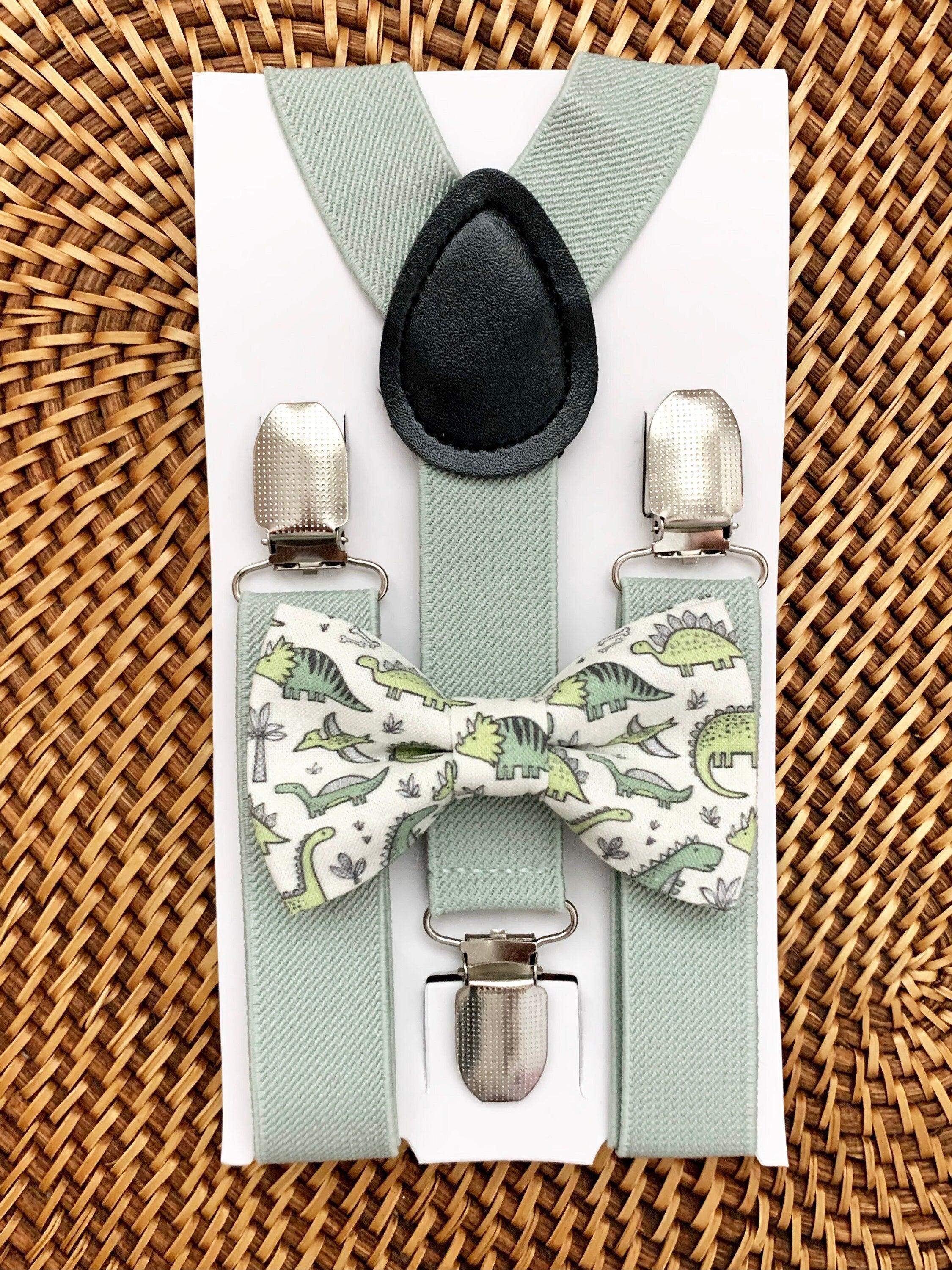 Sage green dinosaur Bow Tie & Sage Suspenders Set for wedding ring bearers or birthday parties.
