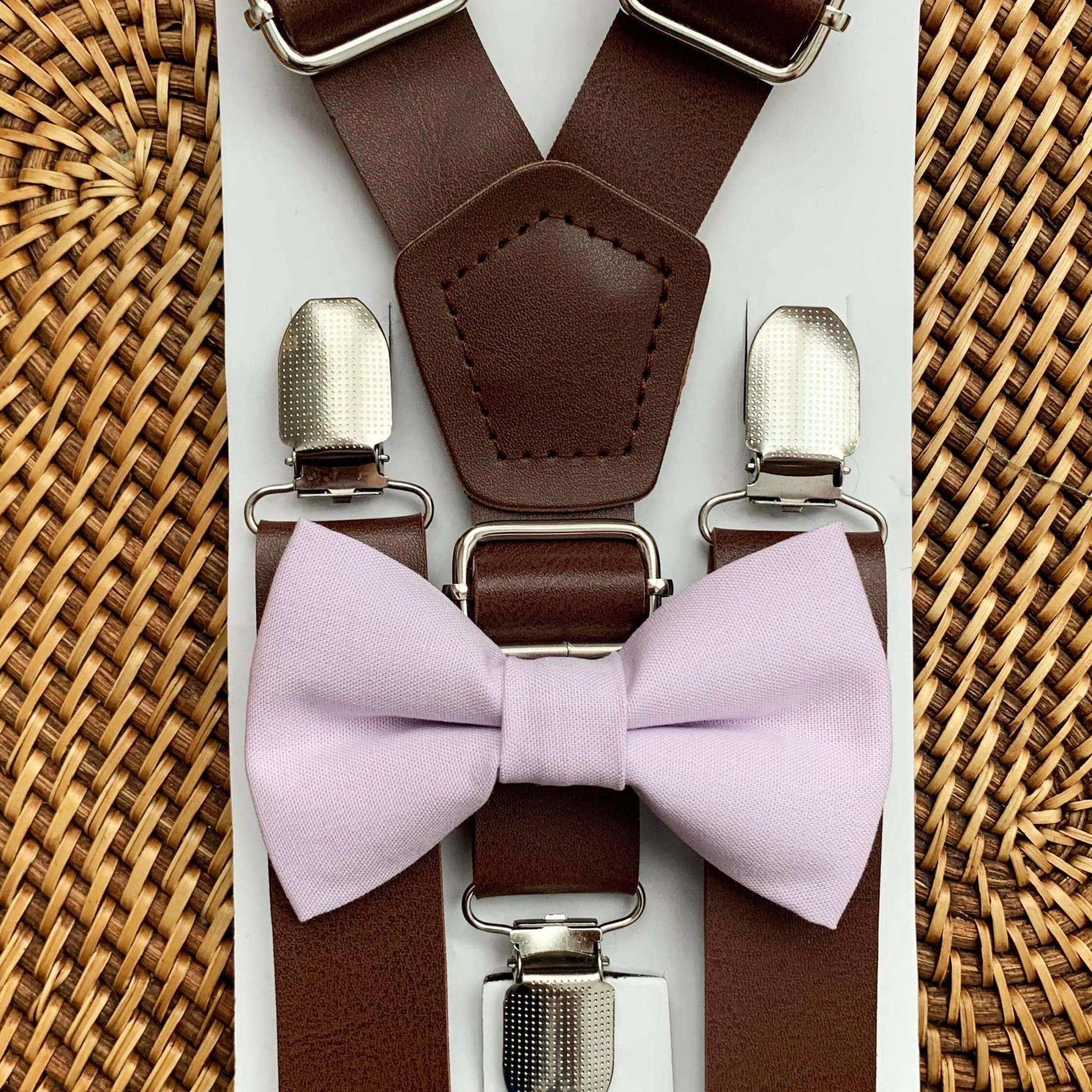 Iris Purple Lavender Bow Tie & Dark Brown Vegan Leather Suspenders Set for wedding groomsmen.