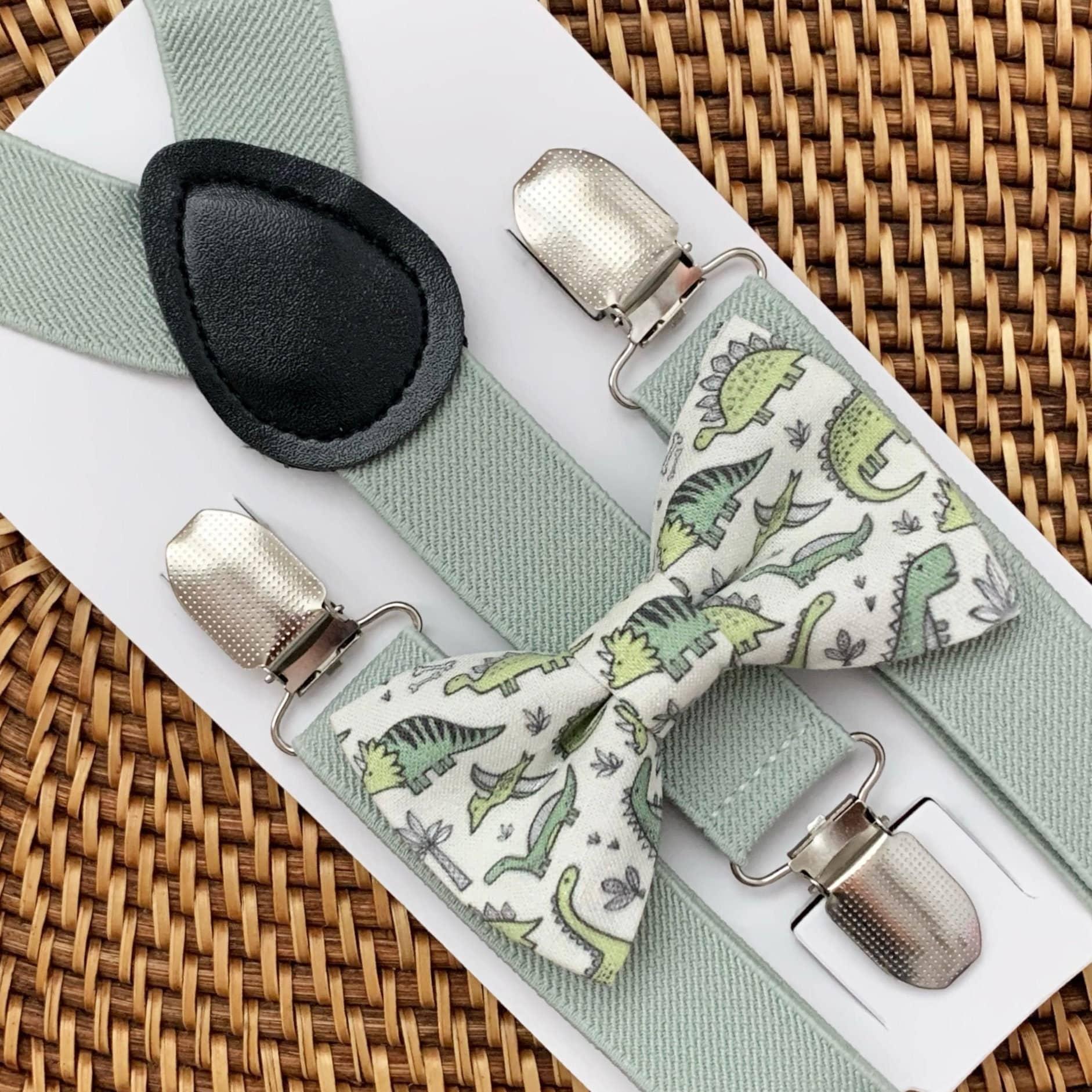 Sage green dinosaur Bow Tie & Sage Suspenders Set for wedding ring bearers or birthday parties.