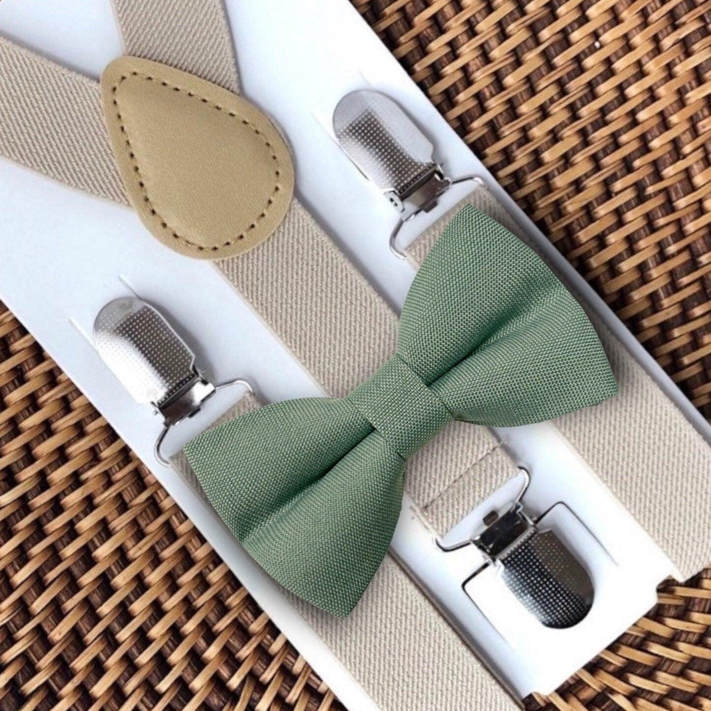 Dusty Sage Green Bow Tie & Tan Suspenders for wedding groomsmen and ring bearer outfits.