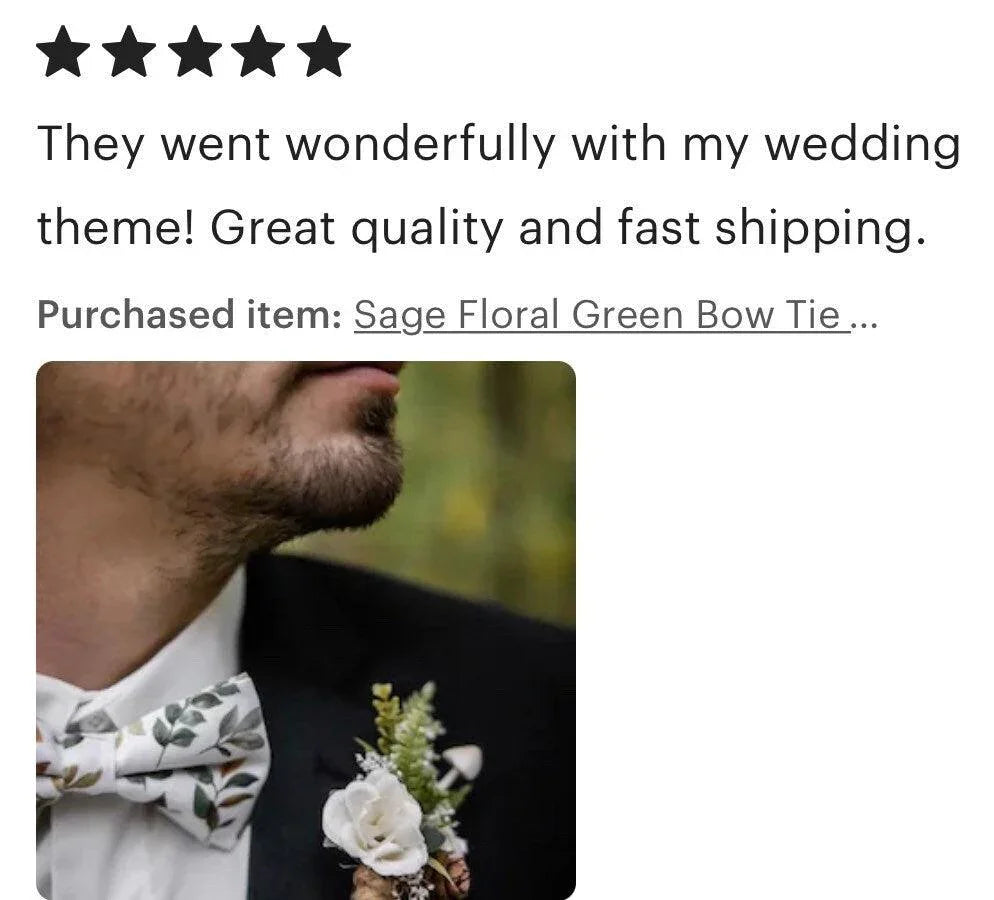 Close-up of a man wearing a Sage Floral Green Bow Tie with a boutonniere on his lapel