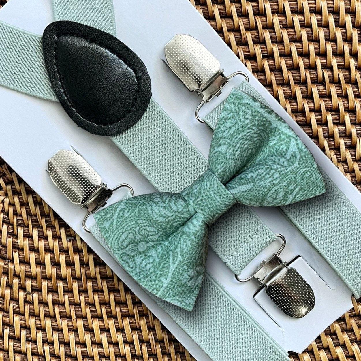 Sage green floral bow tie and sage green suspenders for men, toddlers and kids handmade in the USA and pre-tied, for wedding, groomsmen and ring bearer.