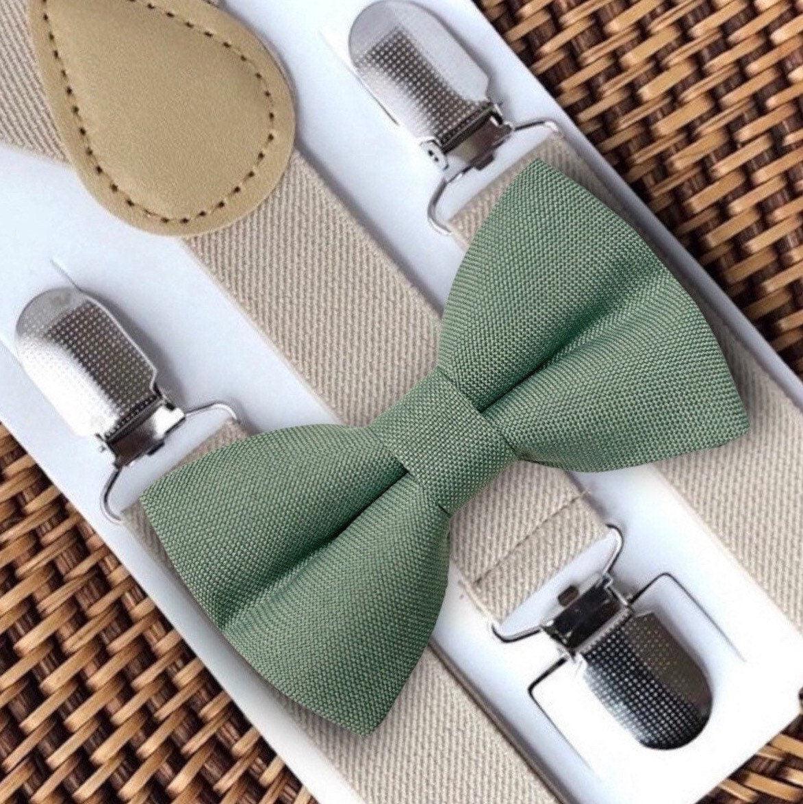 Dusty Sage Bow Tie & Tan Suspenders for wedding groomsmen and ring bearer outfits.