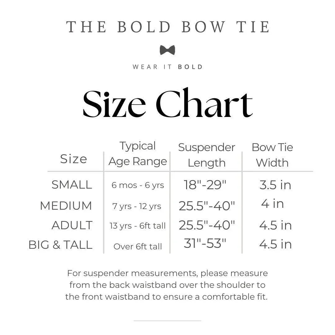 Size chart page for French Blue Floral Bow Tie and Tan Elastic Suspenders Set showing measurements and size columns.