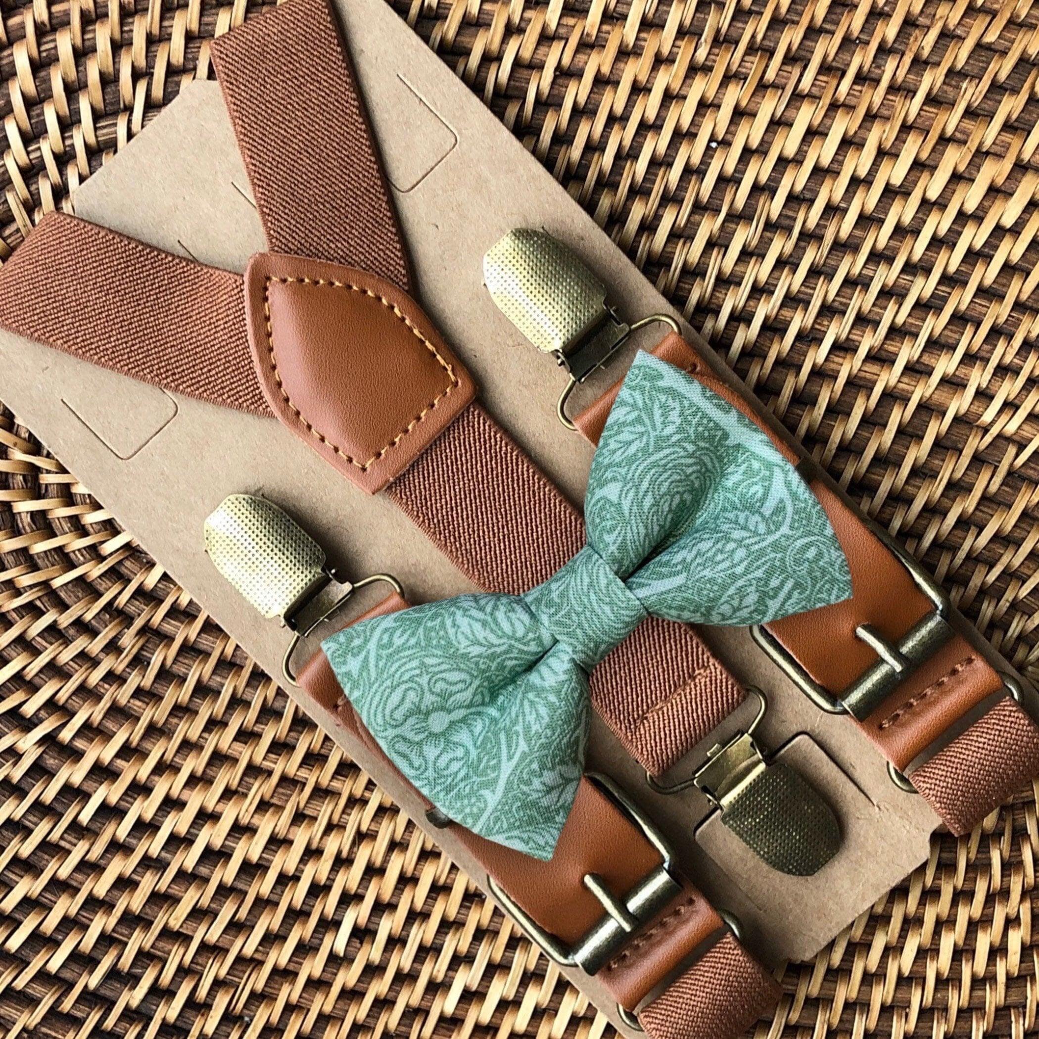 Size chart for suspender and bow tie sets from The Bold Bow Tie. X-Small (6mo-4yr): 15"-23" suspenders, 3.5" bow. Small (5-9yr): 18"-33" suspenders, 3.5" bow. Medium (10-12yr): 18"-33" suspenders, 4" bow. Adult (13yr-6'5"): 30"-53" suspenders, 4.5" bow. Big & Tall (Over 6'5"): 53"+ suspenders, 4.5" bow. Instructions note to measure from the back waistband over the shoulder to the front waistband for a comfortable fit.