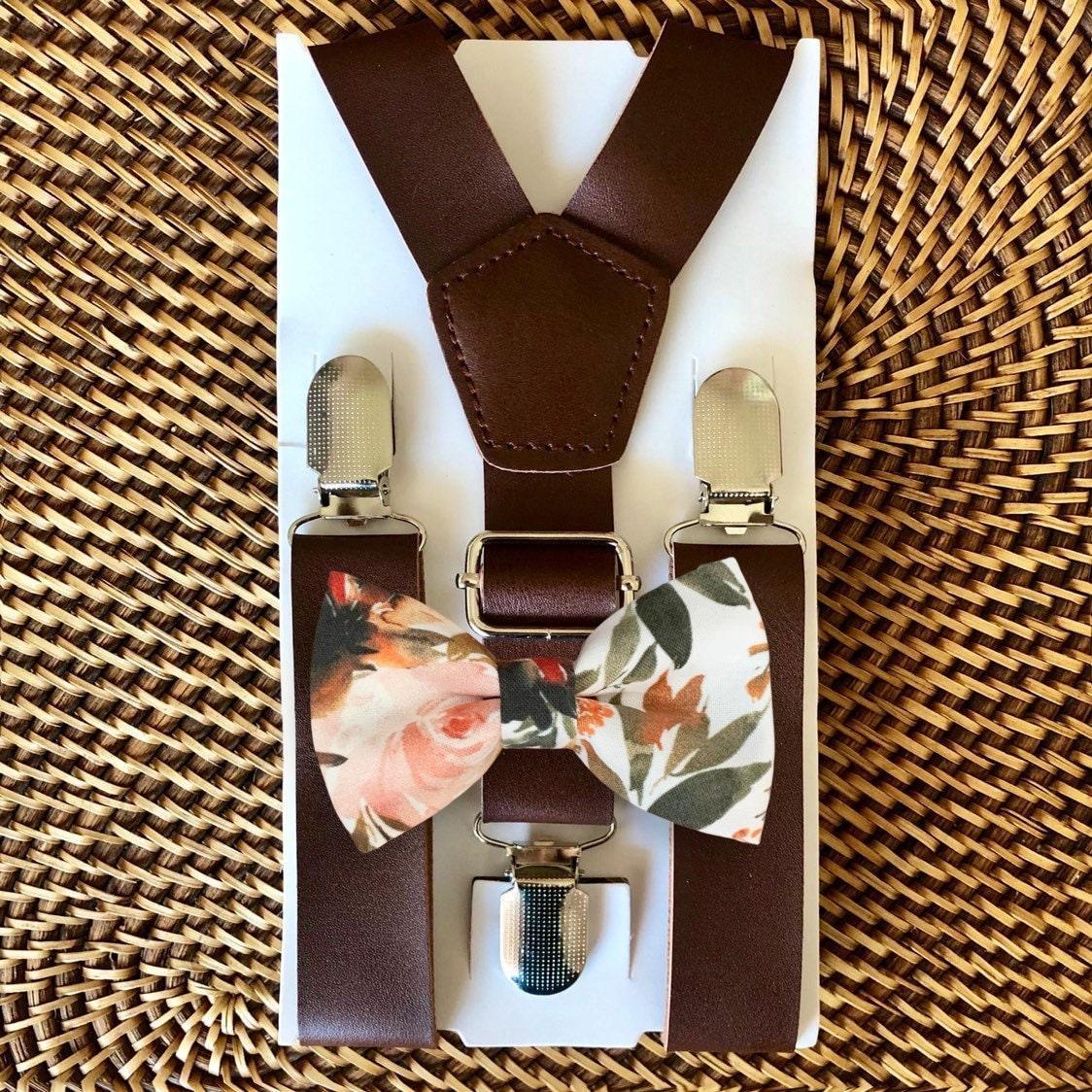 Size chart for suspender and bow tie sets from The Bold Bow Tie. Small (6mo-4yr): 16"-27" suspenders, 3.5" bow. Medium (5-10yr): 20"-32" suspenders, 4" bow. Large (10-18yr): 24"-47" suspenders, 4.5" bow. Adult (Up to 6ft): 27"-55" suspenders, 4.5" bow. Big & Tall (Over 6ft): Up to 63" suspenders, 4.5" bow. Instructions note to measure from the back waistband over the shoulder to the front waistband for a comfortable fit.