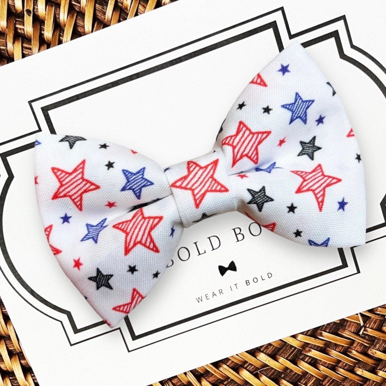4th of July dog Bow tie with star pattern on a brand box