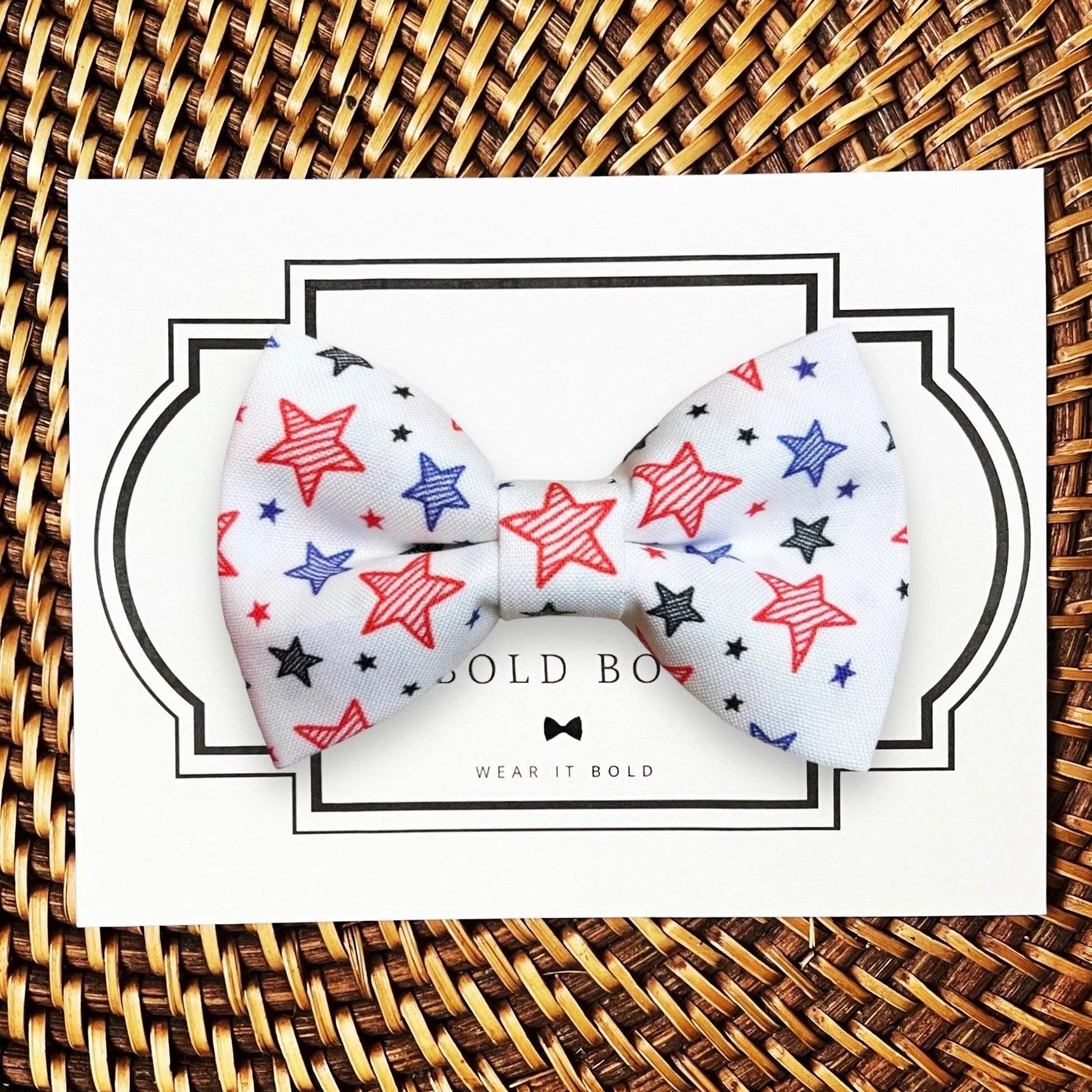 Dog bow tie size chart. Size Small is 3 1/2 inches wide for small dogs under 15 lbs. Size Medium is 4 inches wide for medium dogs between 15 band 40 lbs. Size Large is 4 1/2 inches wide for Large Dogs between 40 band 80 lbs. Size Extra Large is 5 1/2 inches wide for Extra Large Dogs over 80 lbs. Sizing is up to preference and pet bow ties slide on to dog collars with elastic.